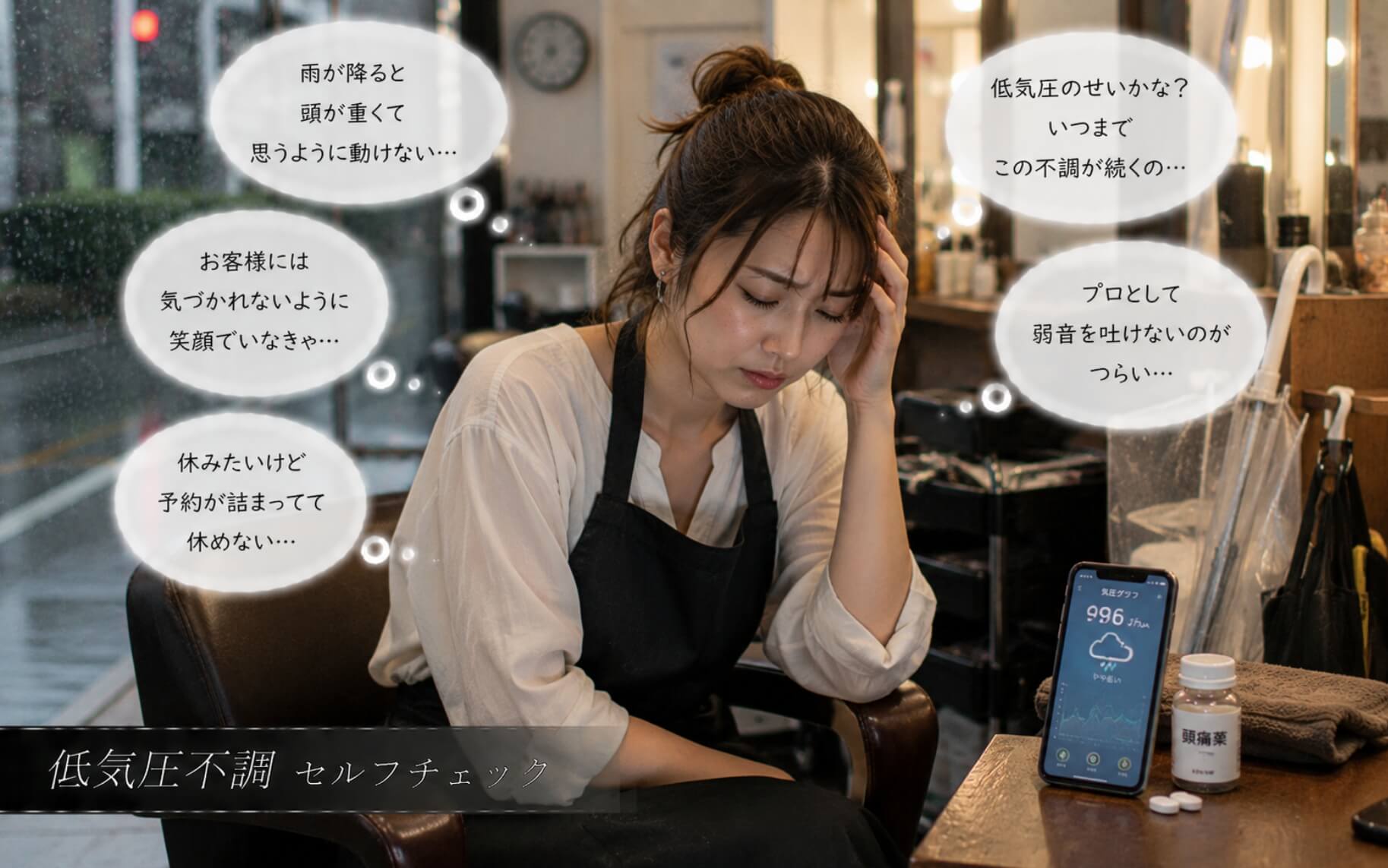 雨の日の美容室で頭痛とだるさに耐える女性|低気圧不調のセルフチェック
