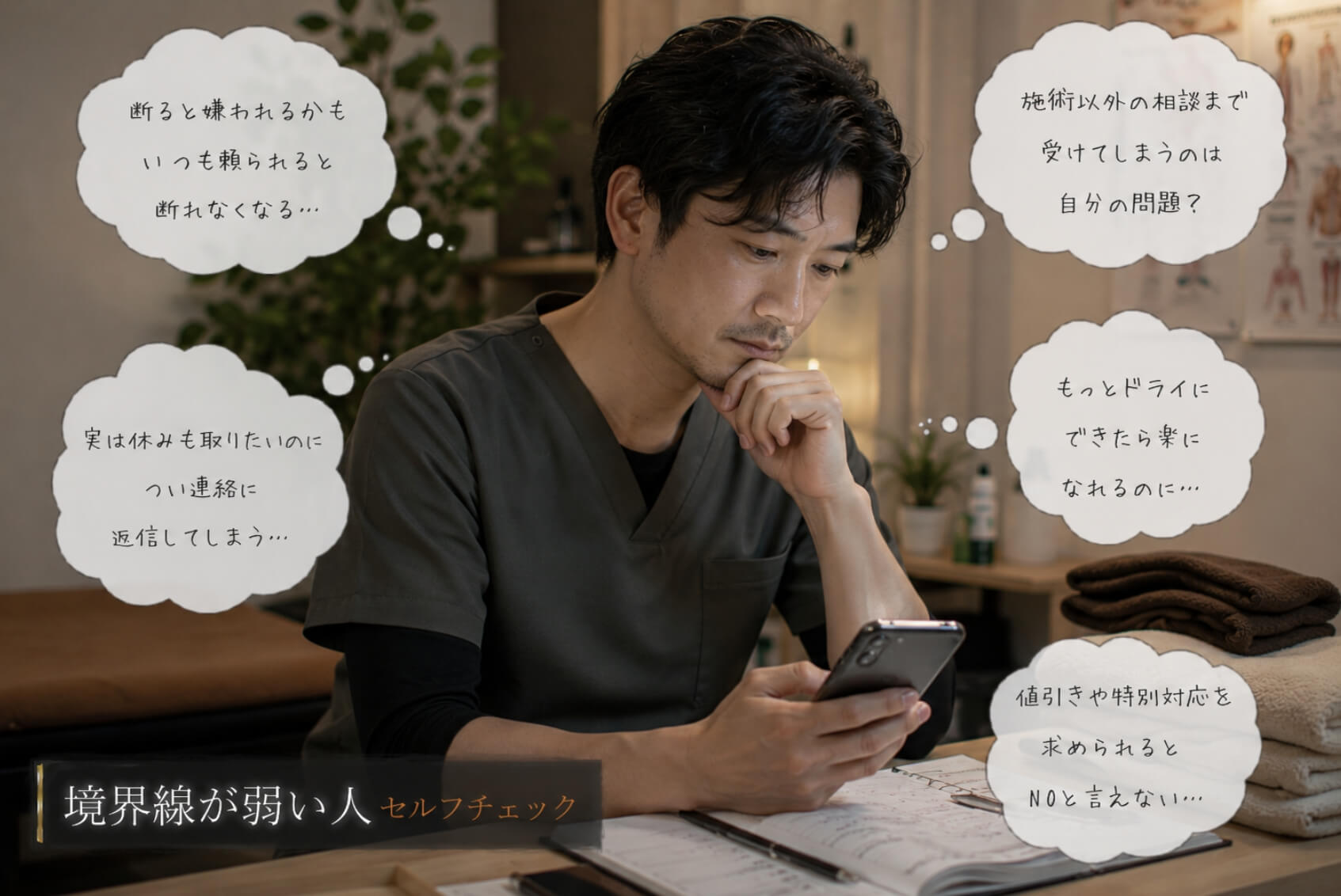 頼まれごとを断れず悩みを抱え込む整体師男性｜境界線が弱い人 セルフチェック