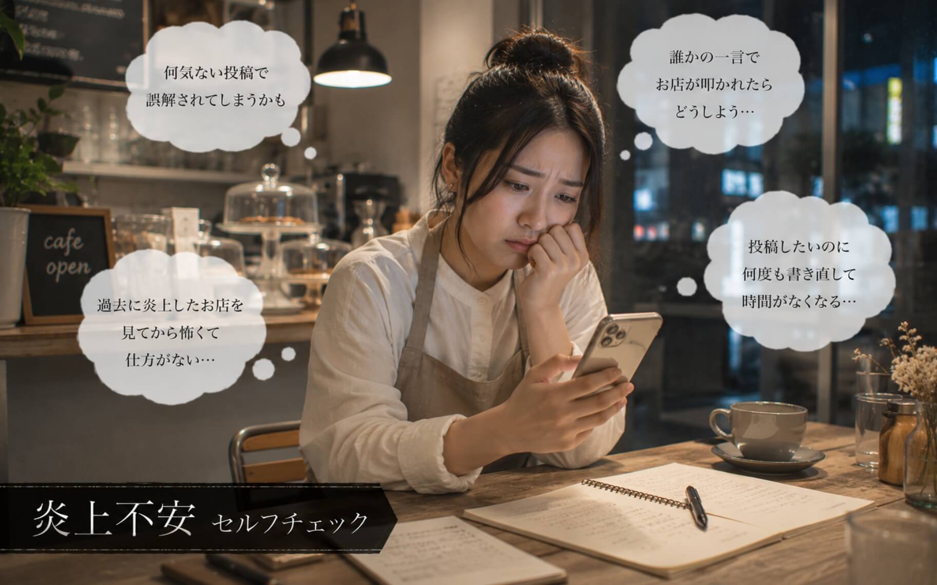 SNS投稿を何度も見直し不安を抱える女性｜炎上不安のセルフチェック