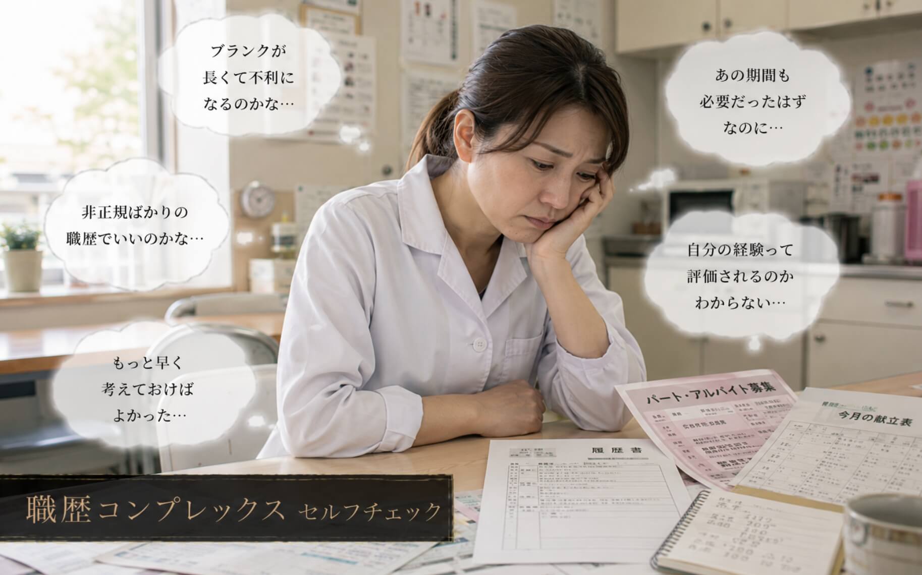給食室の休憩室で職歴に悩み考え込む女性|職歴コンプレックスのセルフチェック