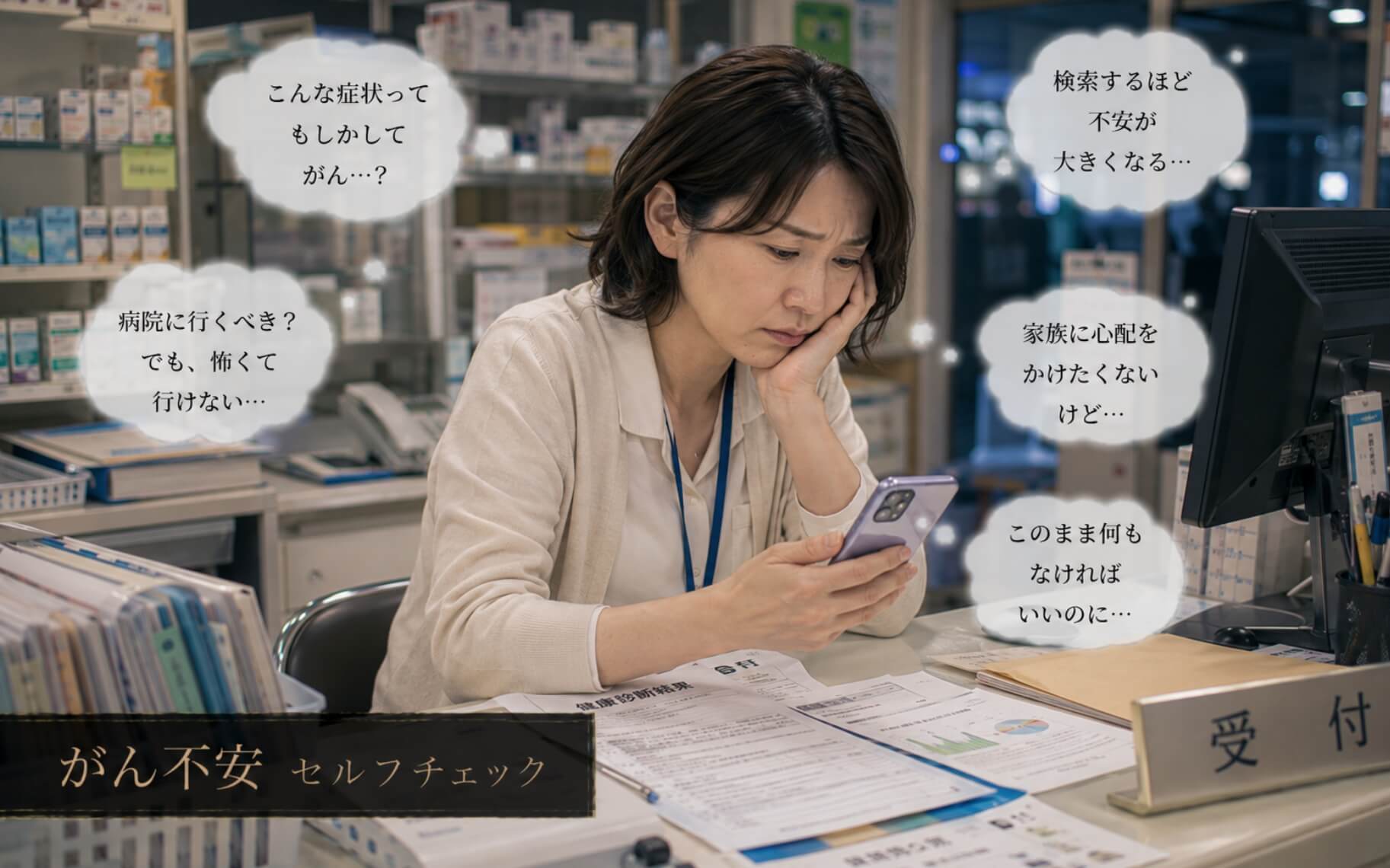 閉局後の薬局で健康不安を抱える女性|がん不安のセルフチェック