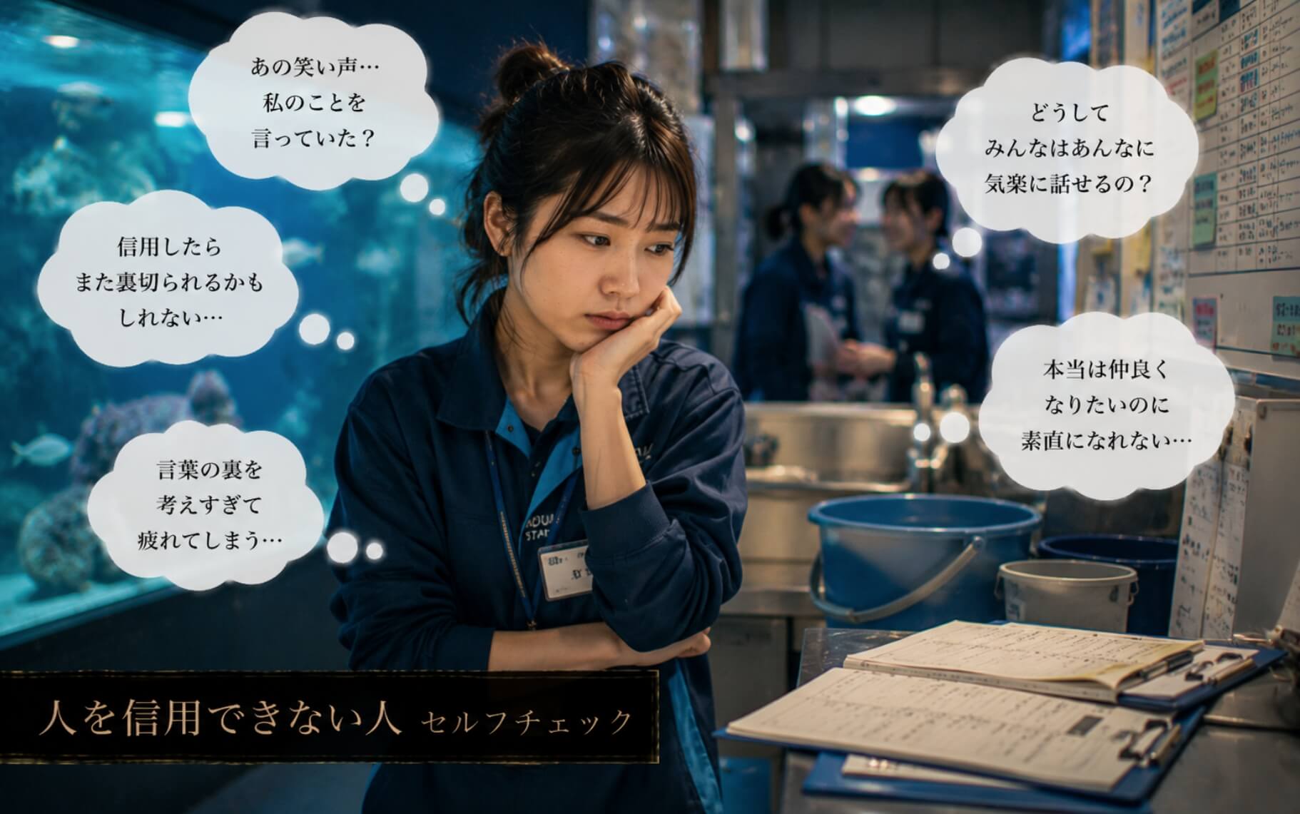水族館のバックヤードで人間関係に悩む女性|人を信用できない人のセルフチェック