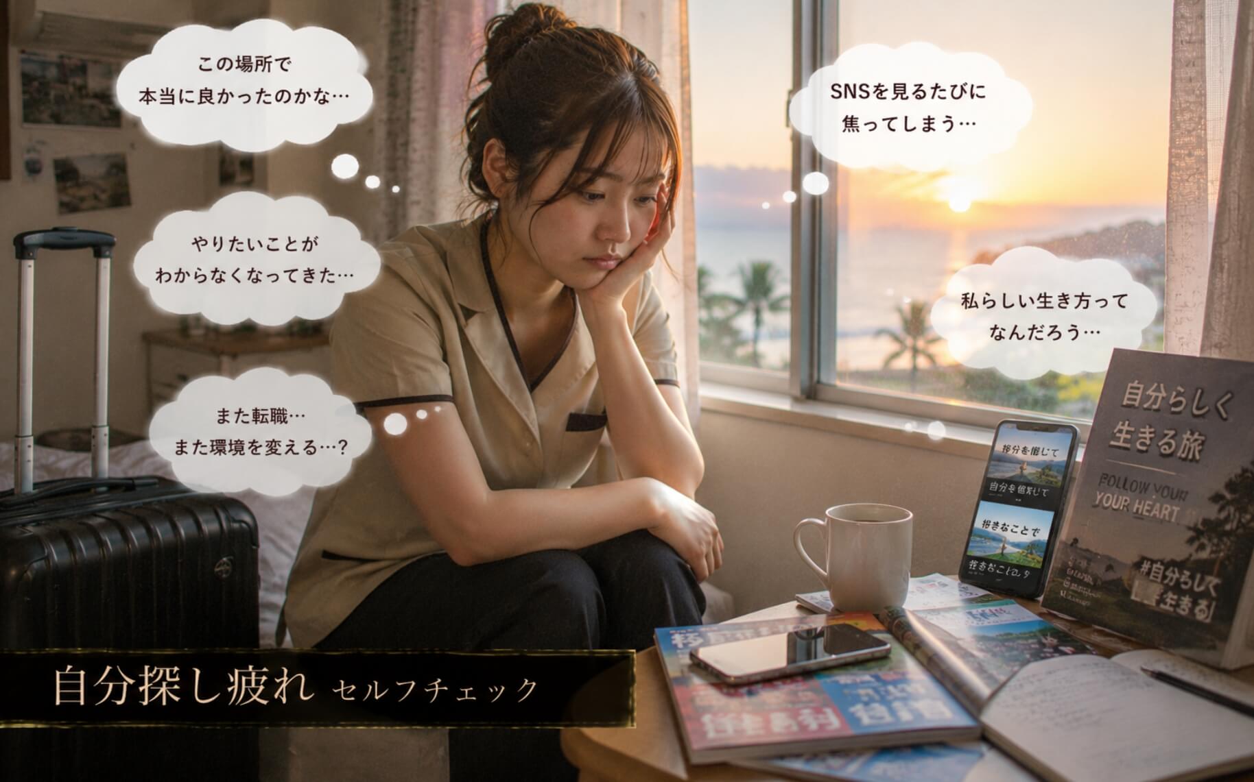 夕方のホテル寮で自分の生き方に迷う女性|自分探し疲れのセルフチェック