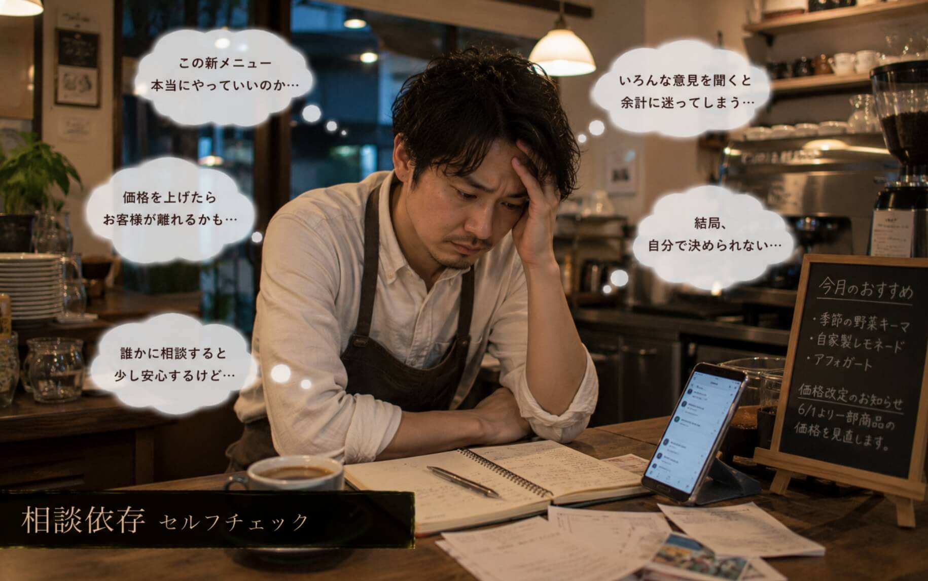 閉店後のカフェで経営判断に迷う男性|相談依存のセルフチェック