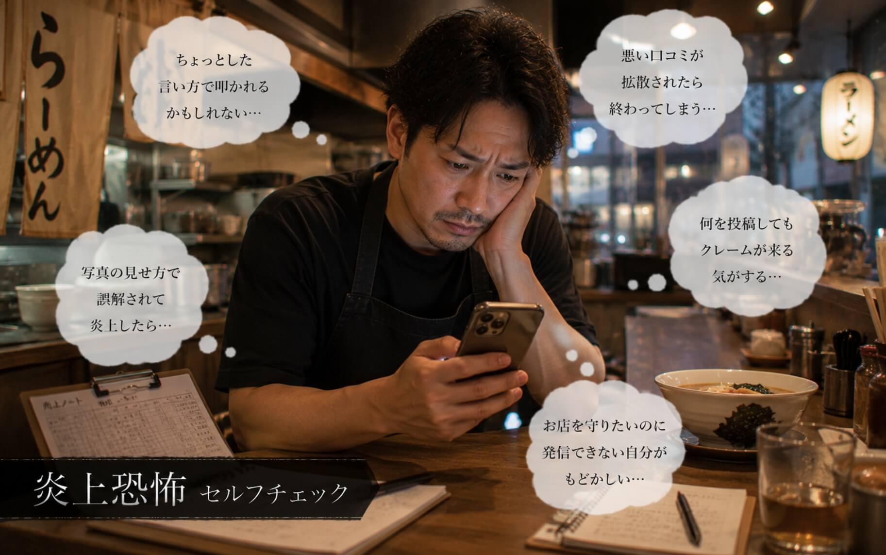 スマホを見つめ炎上への不安を抱えるラーメン店主｜炎上恐怖のセルフチェック