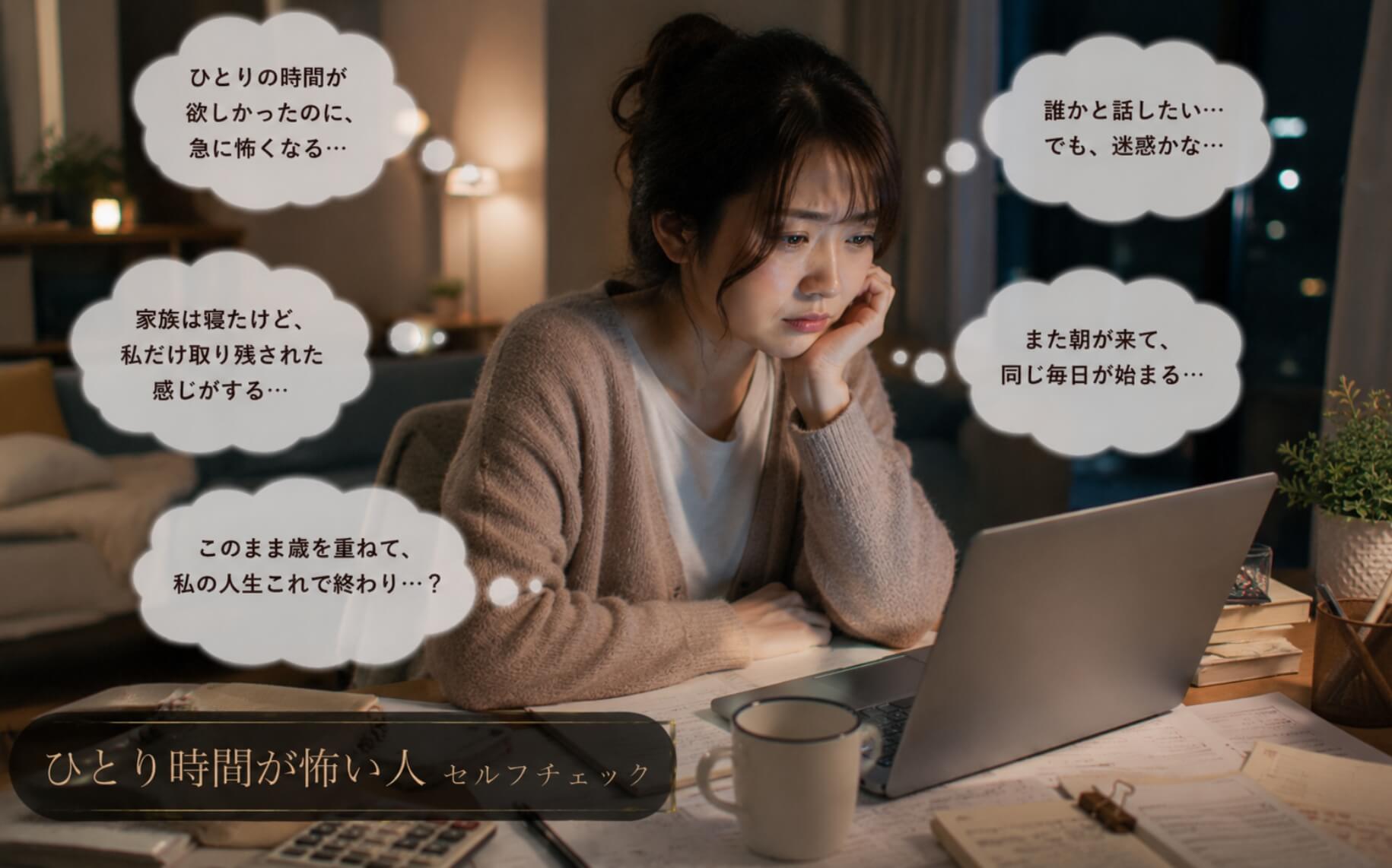深夜のリビングで不安を抱え考え込む女性｜ひとり時間が怖い人のセルフチェック