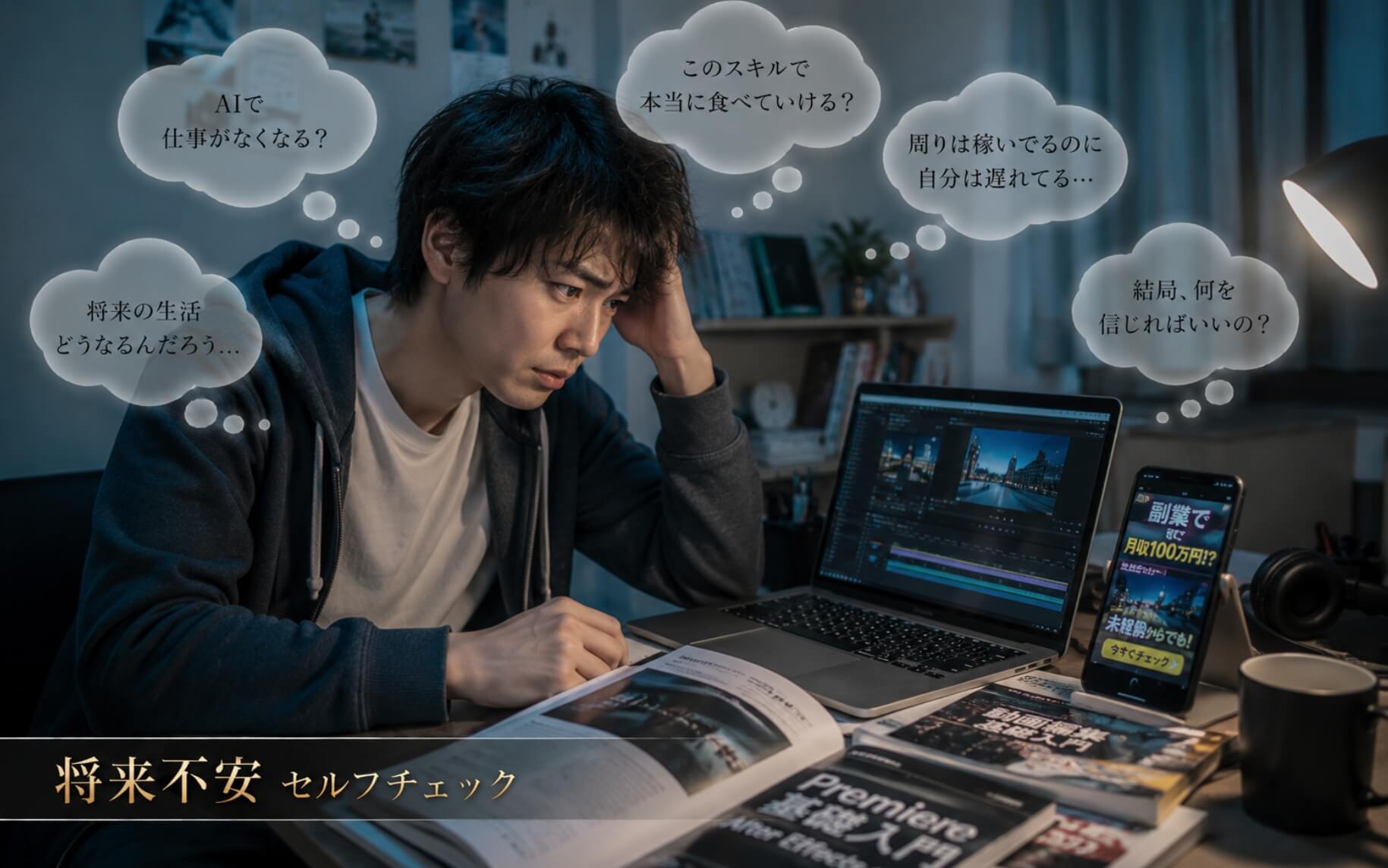 パソコン画面を前に未来の働き方を考え込む男性|将来不安のセルフチェック