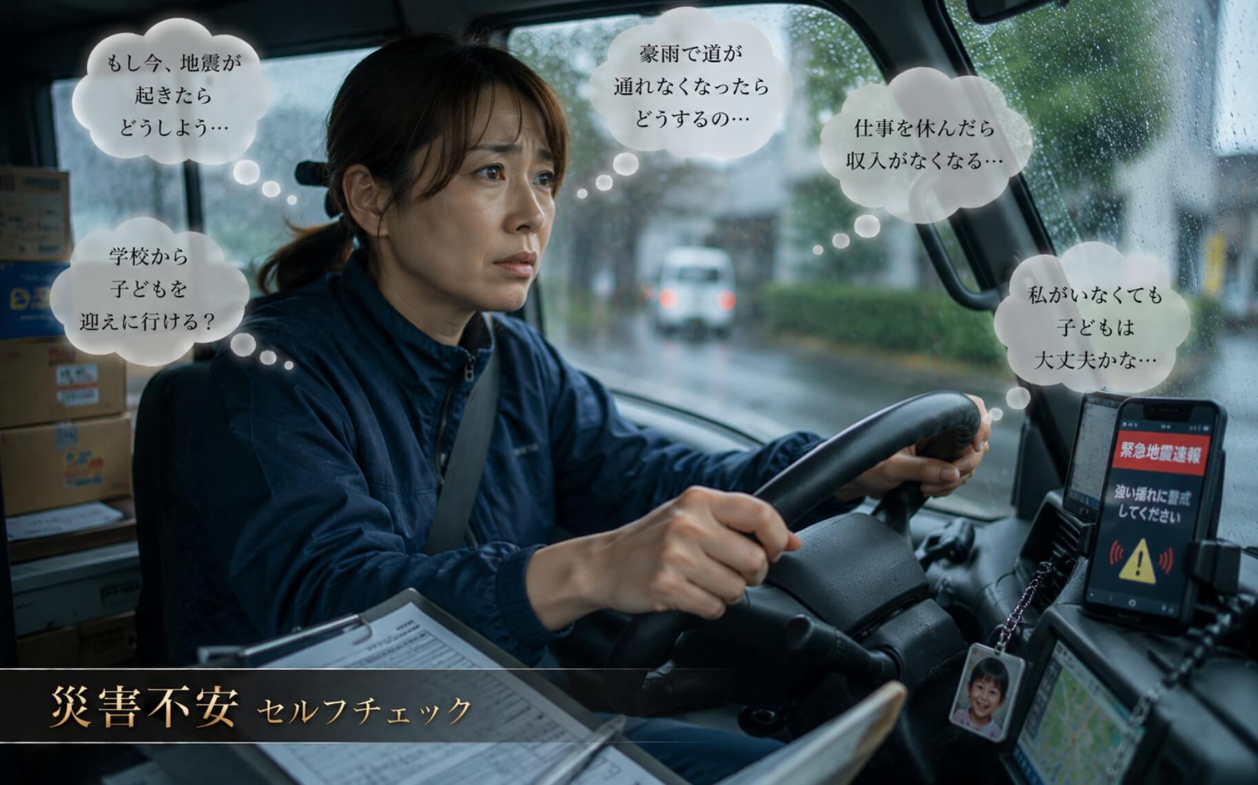雨の配送車内で子どもの安否を心配する女性|災害不安のセルフチェック