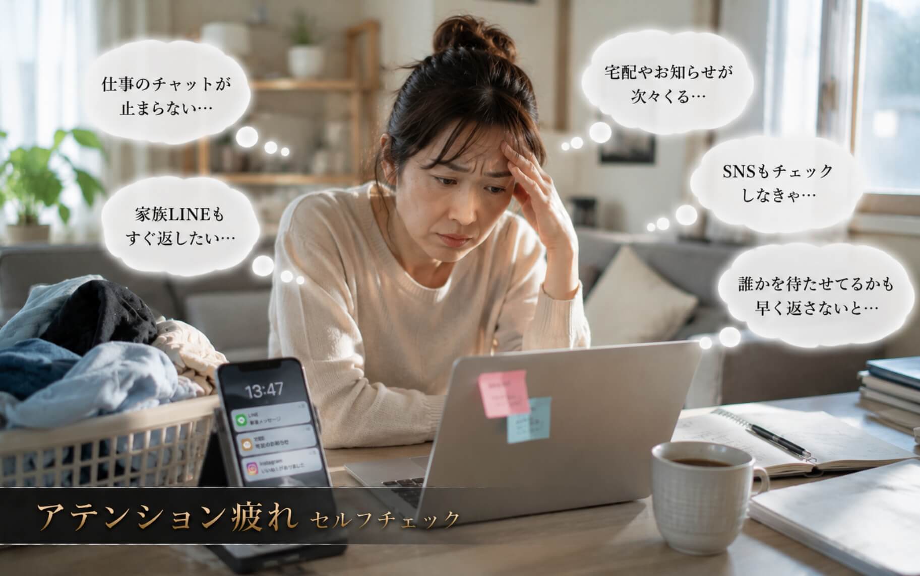 通知に追われ在宅ワークで疲れ切った女性|アテンション疲れのセルフチェック
