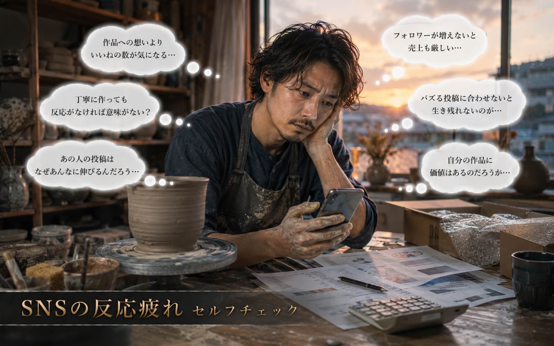 夕暮れの工房で投稿の反応に落ち込む陶芸作家｜SNSの反応疲れのセルフチェック