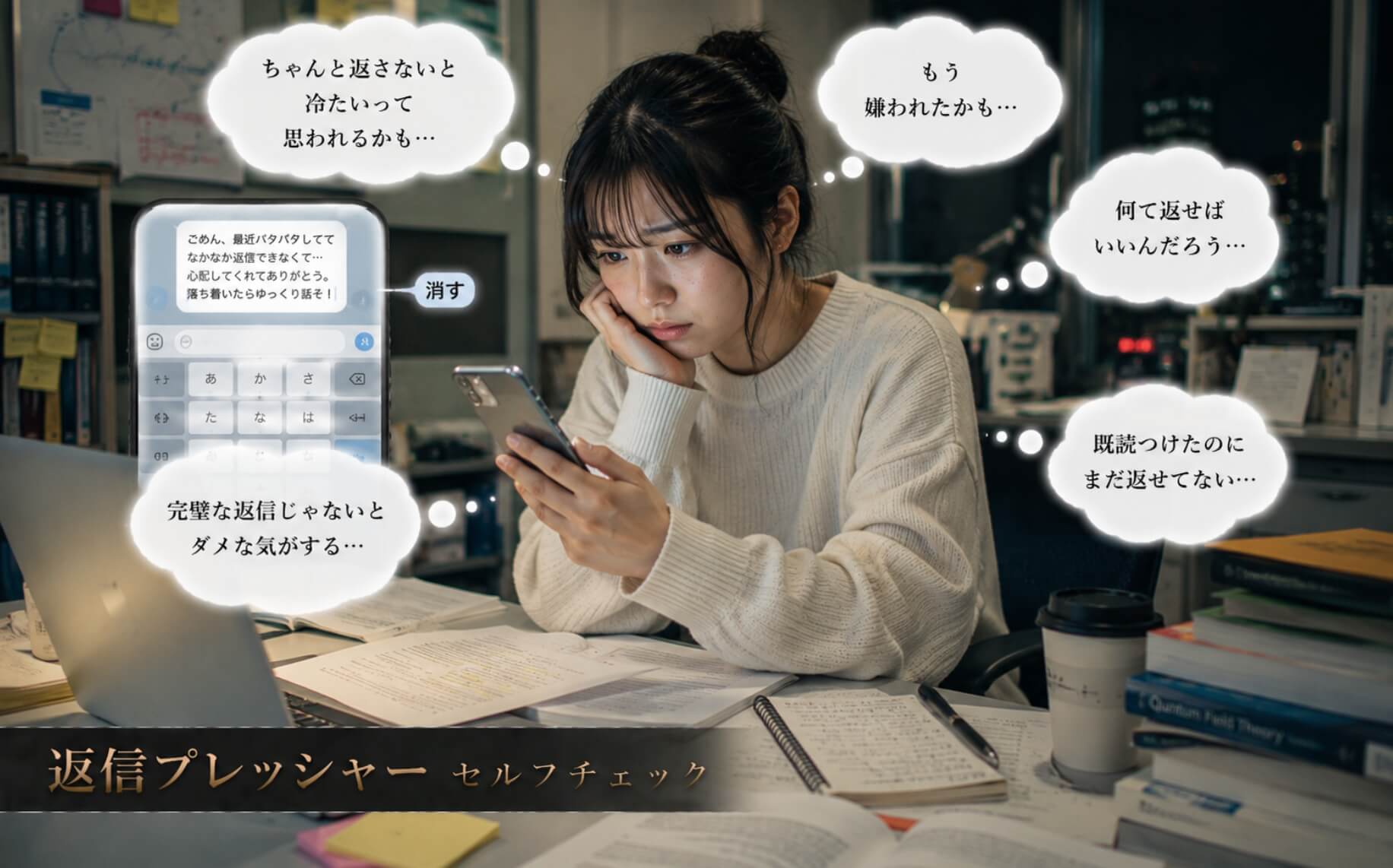 既読後の返信に迷いスマホを見つめる大学院生｜返信プレッシャーのセルフチェック