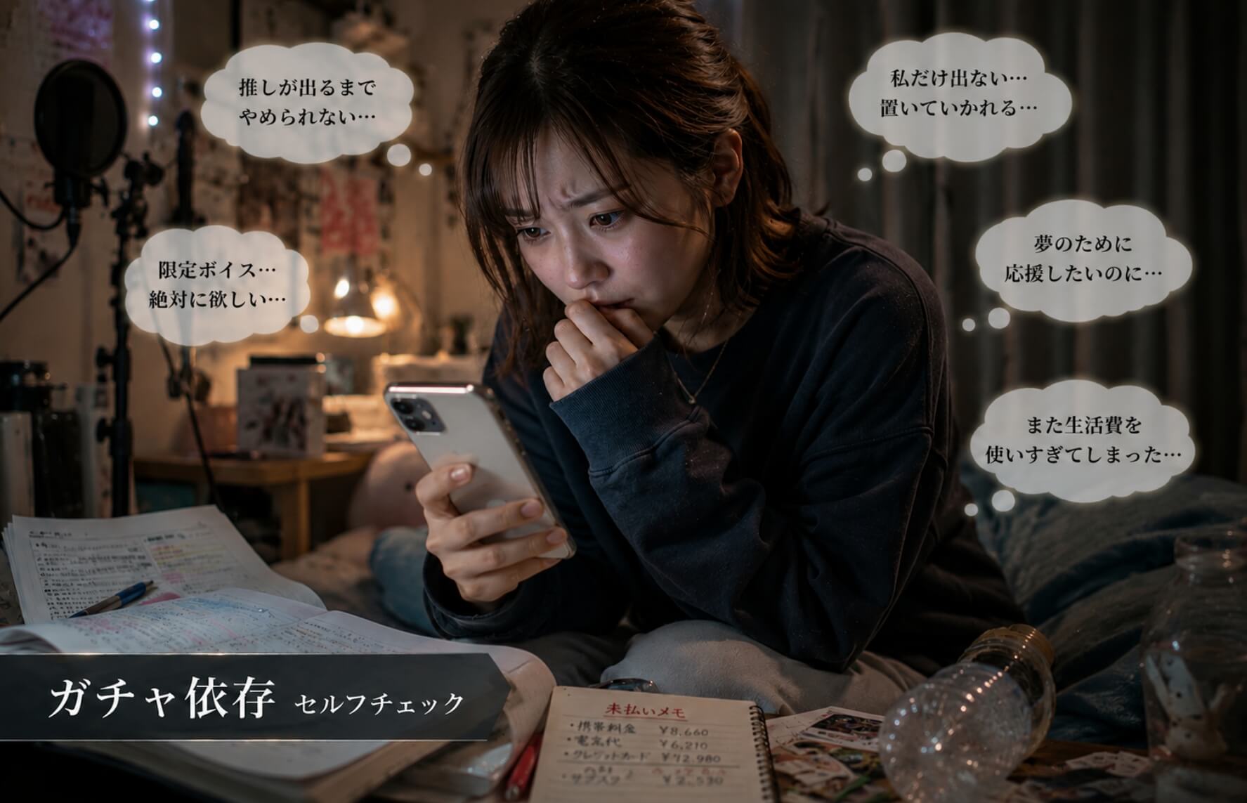 推しを応援したい思いと課金に悩む女性|ガチャ依存のセルフチェック