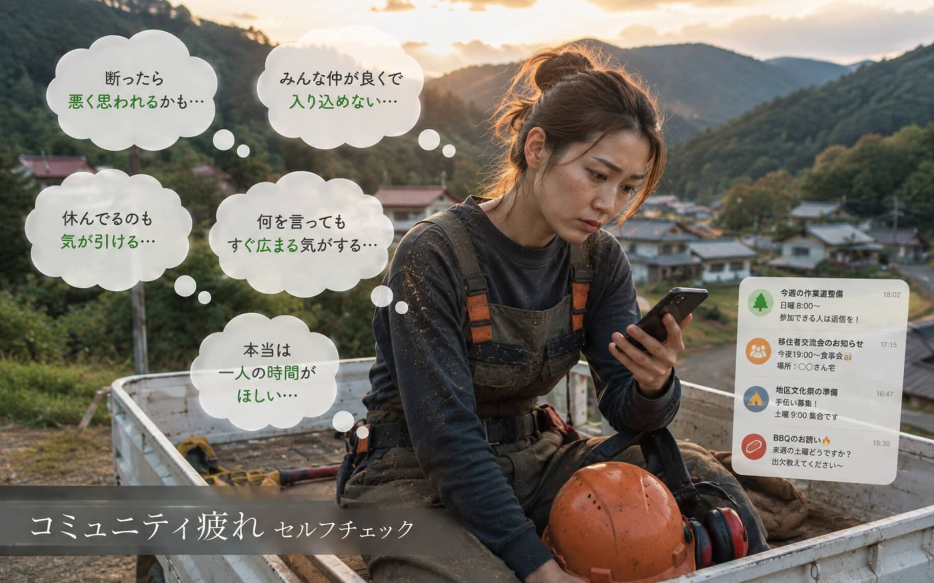 集まりの連絡を見て不安になる林業研修生｜コミュニティ疲れのセルフチェック