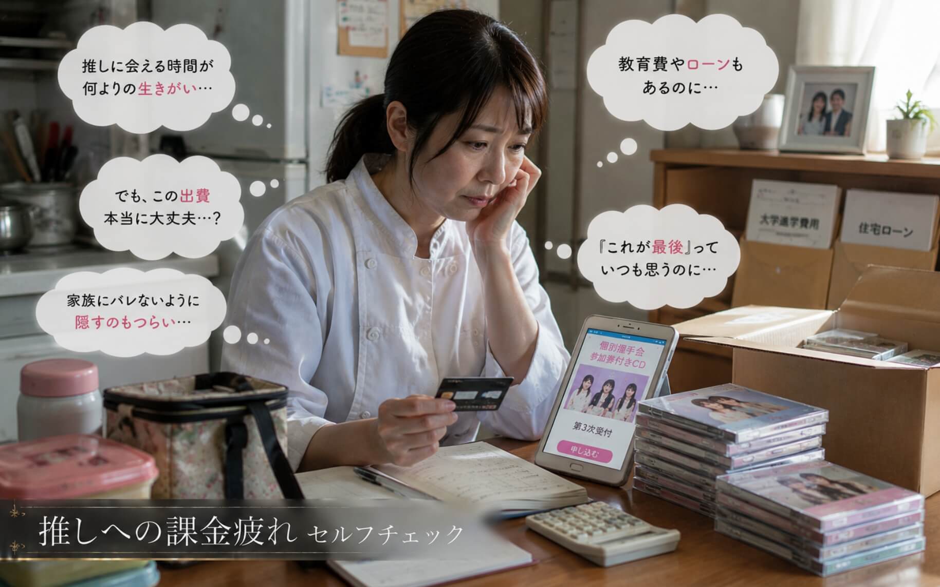 家計簿を前に課金を迷う調理員｜推しへの課金疲れのセルフチェック