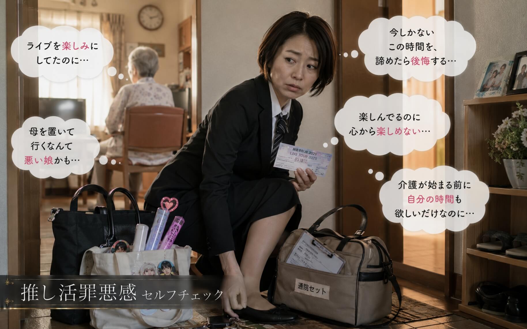 母を気にかけ出発をためらう女性｜推し活罪悪感のセルフチェック