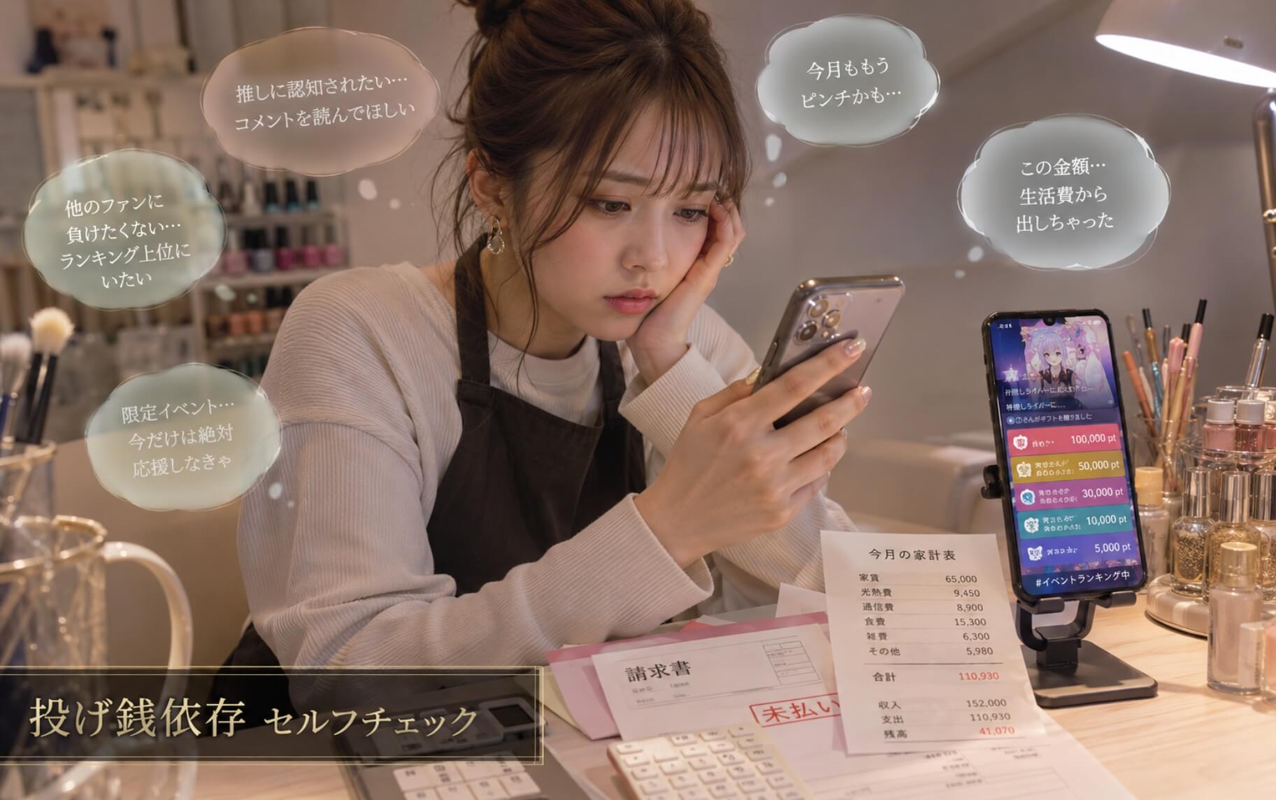 推し配信への投げ銭と生活費の間で悩む女性|投げ銭依存のセルフチェック