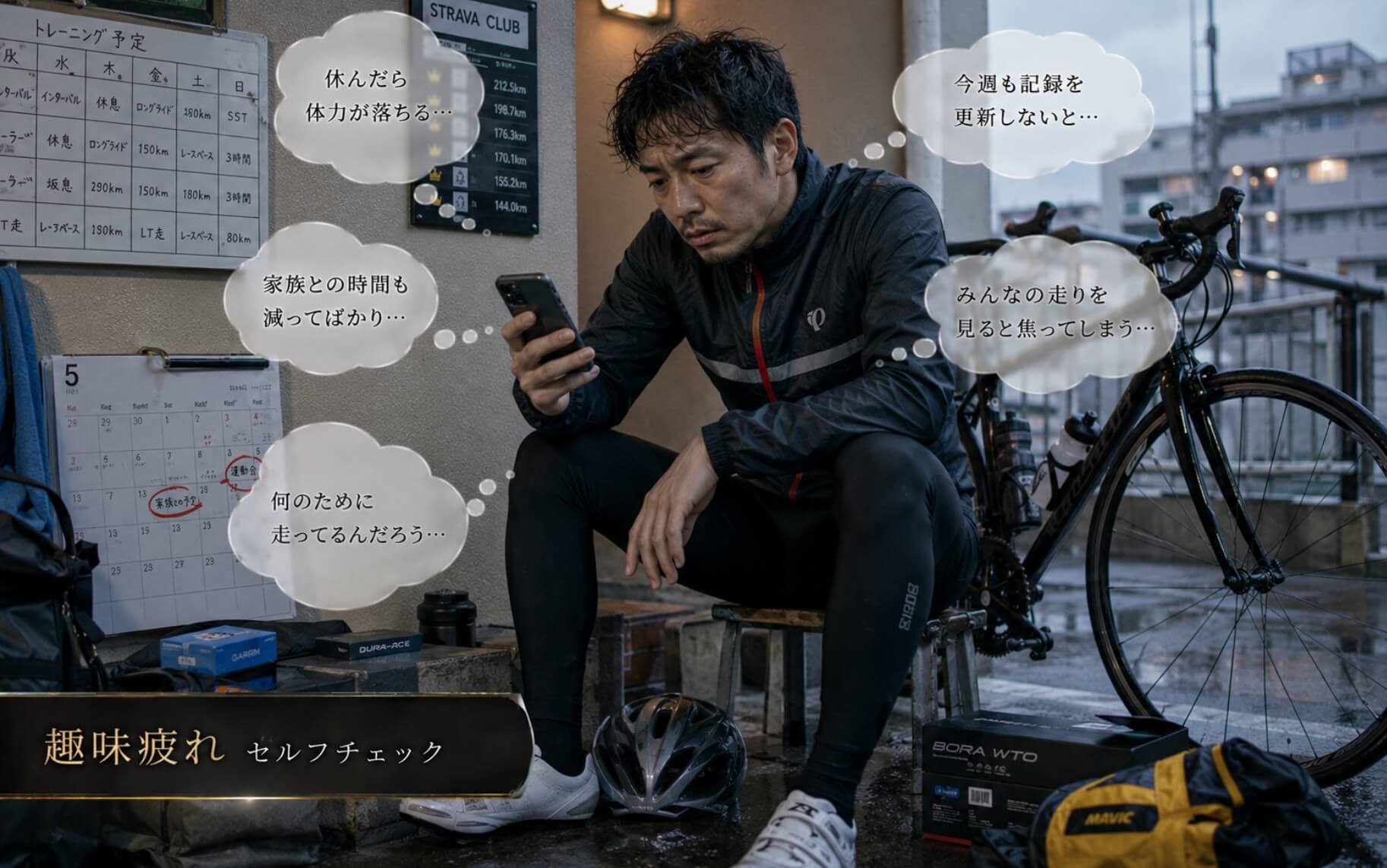 ロードバイクを前に趣味との向き合い方に悩む男性｜趣味疲れのセルフチェック