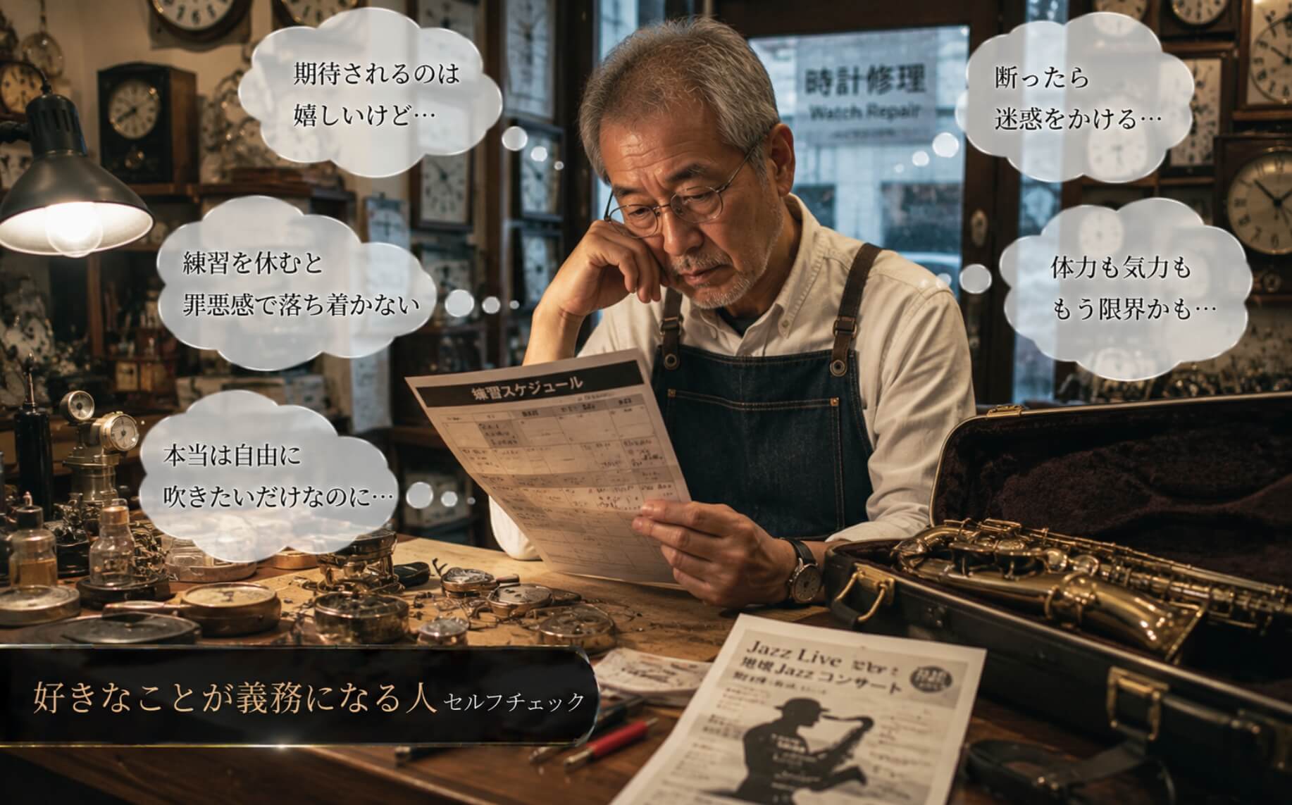 時計修理店でサックスを前に悩む男性｜好きなことが義務になる人のセルフチェック