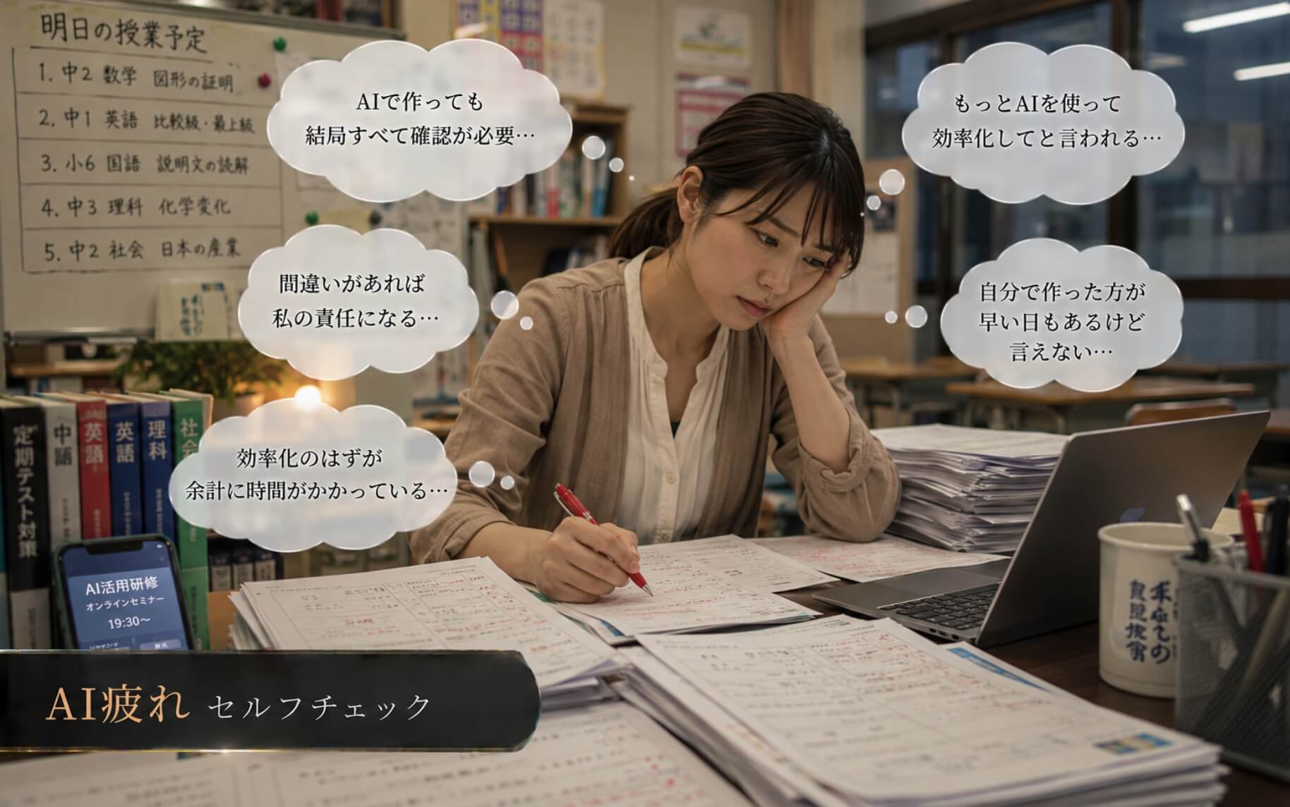 AI教材を確認し続け疲れた表情の塾講師｜AI疲れのセルフチェック