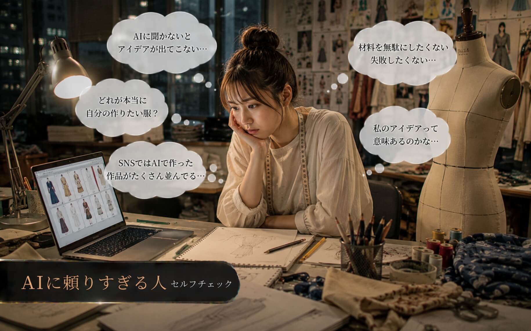 AI案を前に自分の発想を見失う女性｜AIに頼りすぎる人のセルフチェック