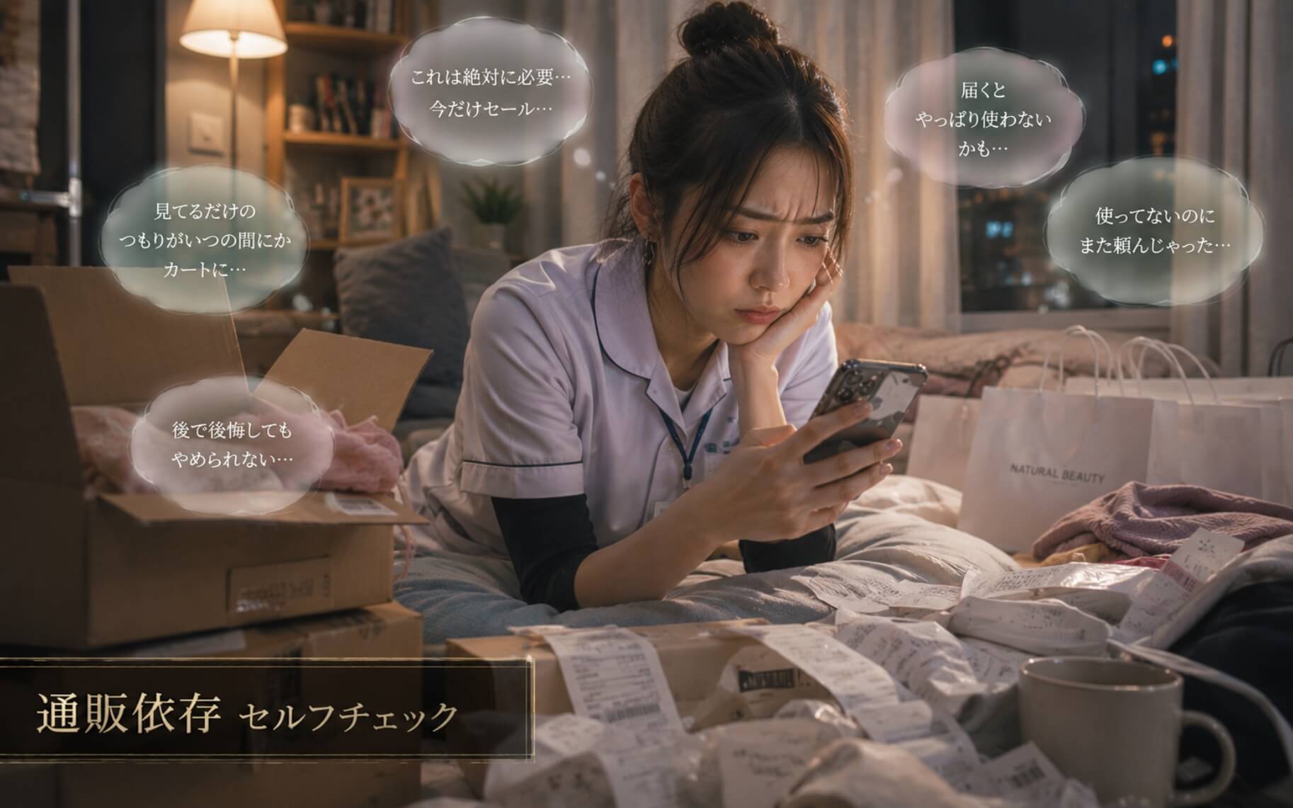 段ボールに囲まれ通販の購入に悩む女性|通販依存のセルフチェック