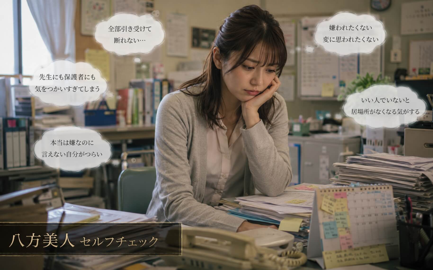 学校事務室で本音を飲み込み疲れる女性|八方美人のセルフチェック