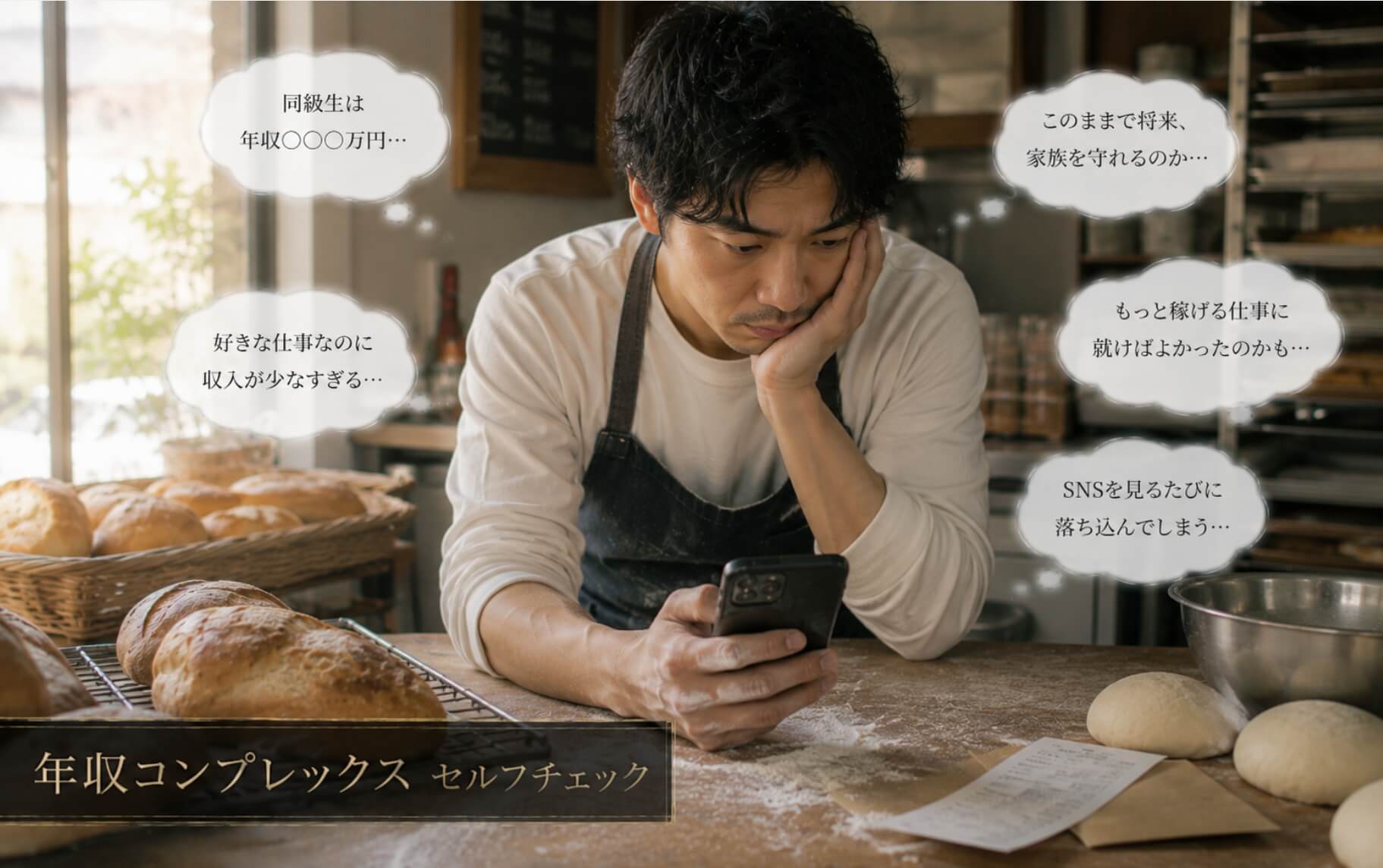 ベーカリーで給与明細を見つめ悩む男性|年収コンプレックスのセルフチェック