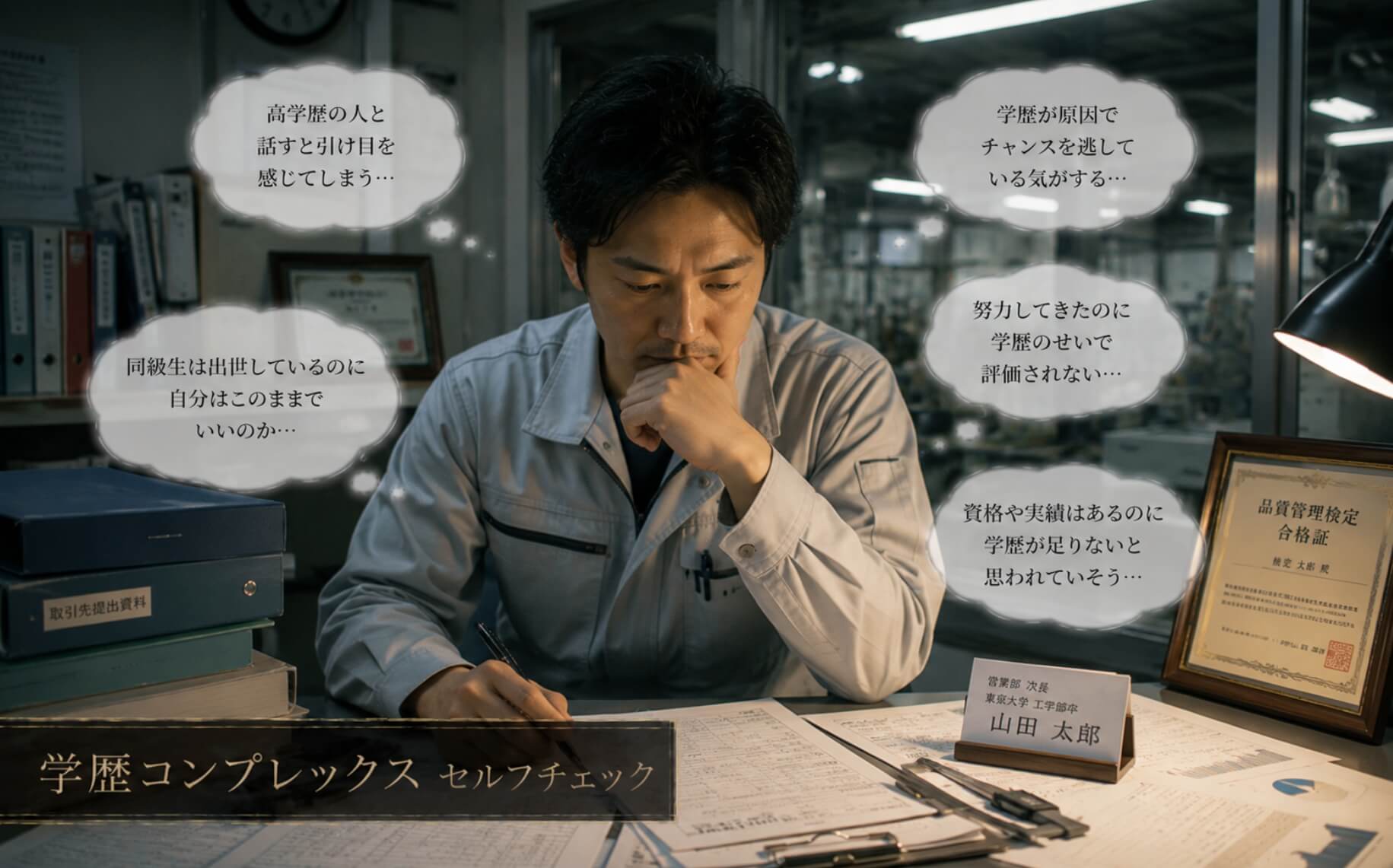 工場事務所で学歴への劣等感に悩む男性｜学歴コンプレックスのセルフチェック