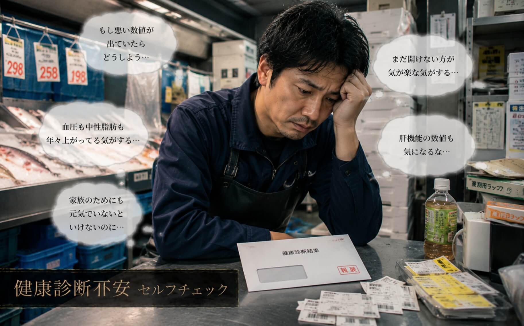 健康数値への不安でうつむく鮮魚担当の男性|健康診断不安のセルフチェック