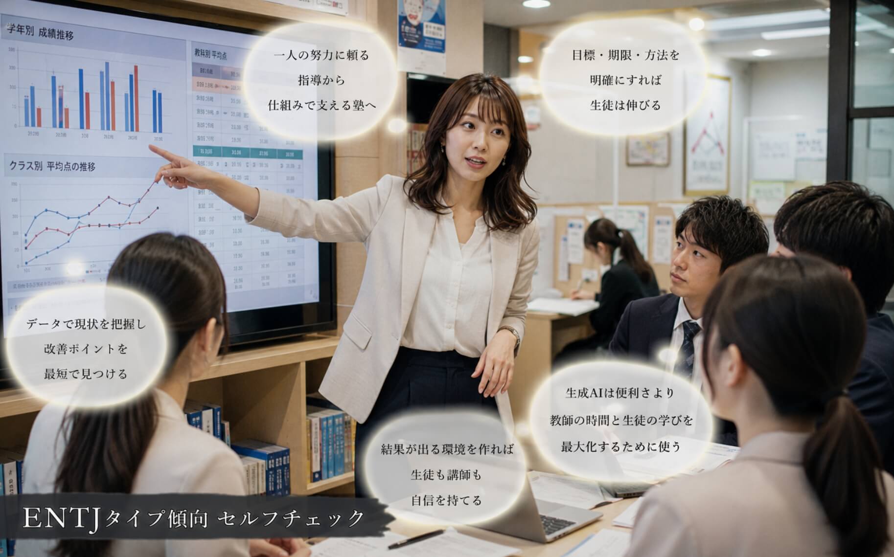 成績データを示しながら塾全体の改善策を説明する女性|ENTJタイプ傾向のセルフチェック