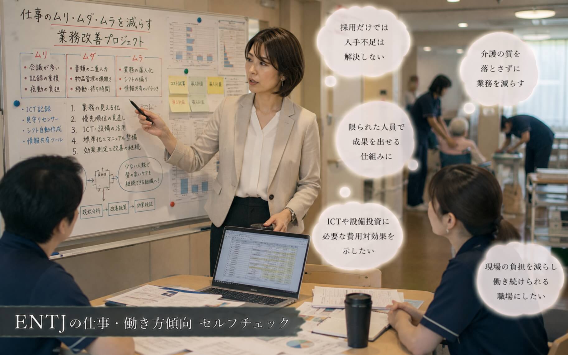 介護現場の業務を見直し改善策を説明する女性事務長|ENTJの仕事・働き方傾向のセルフチェック