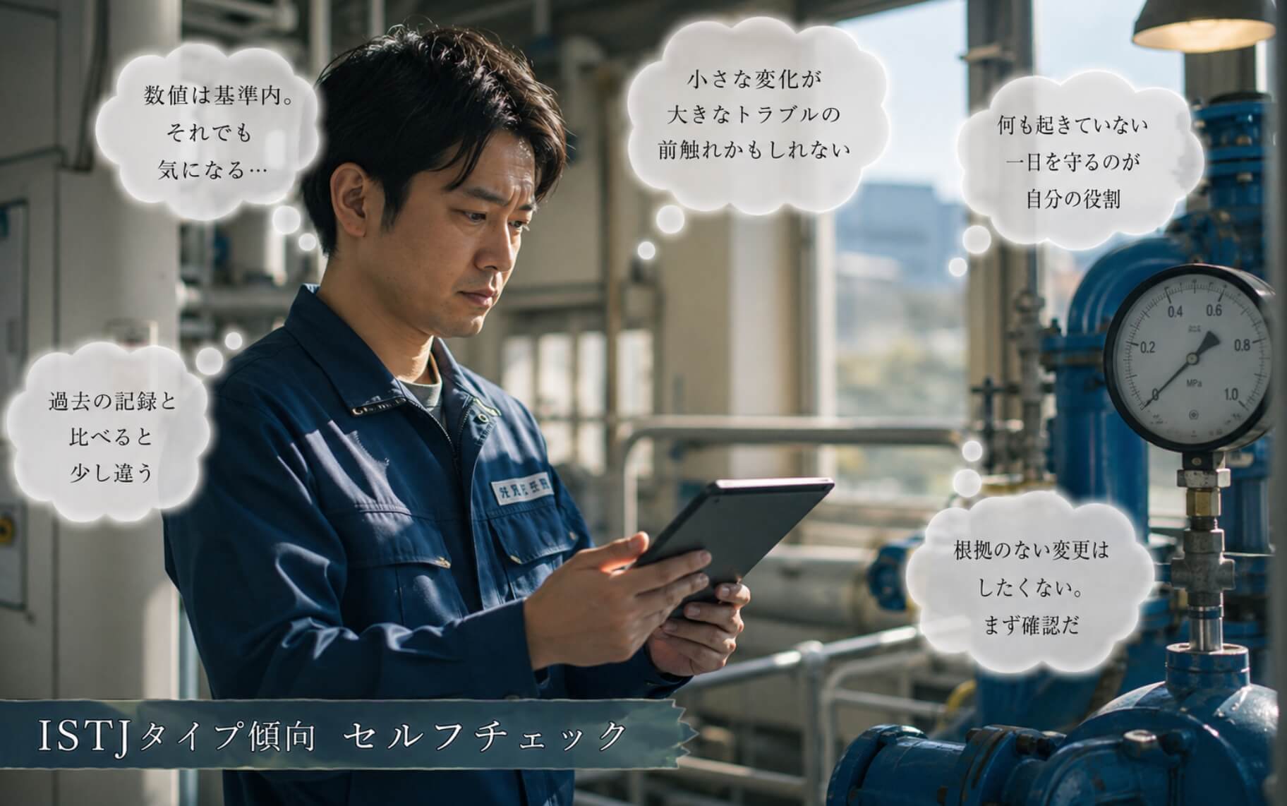 水道施設で点検データと設備の数値を確認する男性|ISTJタイプ傾向のセルフチェック