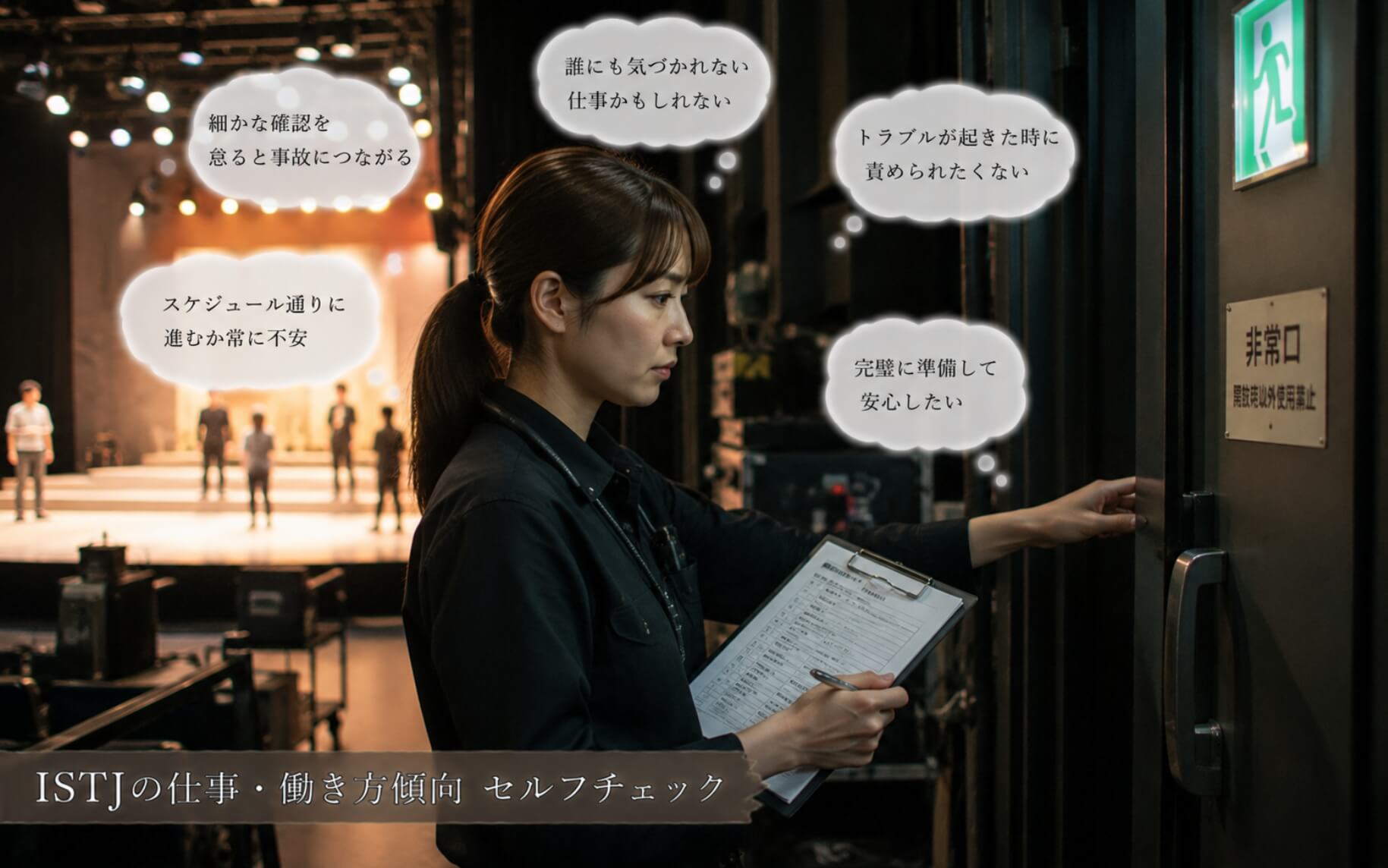 開演前の舞台裏で非常扉とチェック表を確認する女性｜ISTJの仕事・働き方傾向のセルフチェック