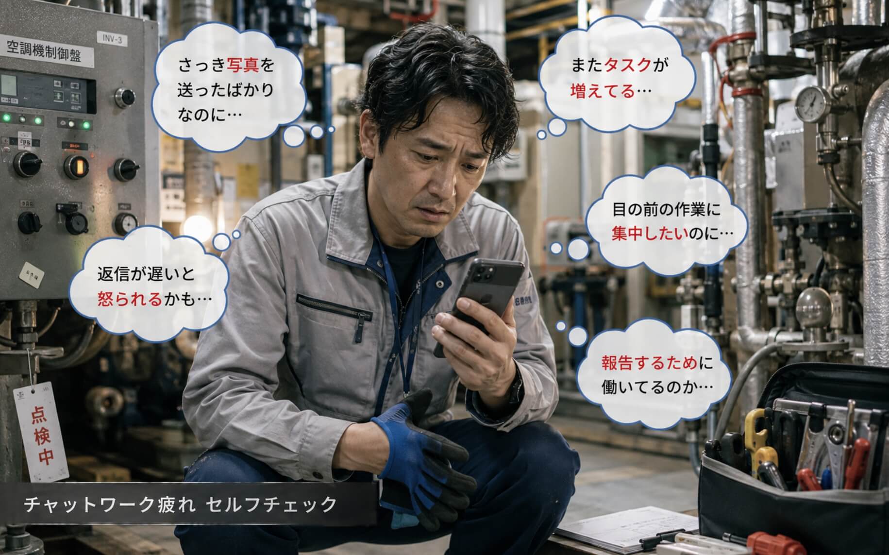 地下設備室で報告対応に追われる男性｜チャットワーク疲れのセルフチェック