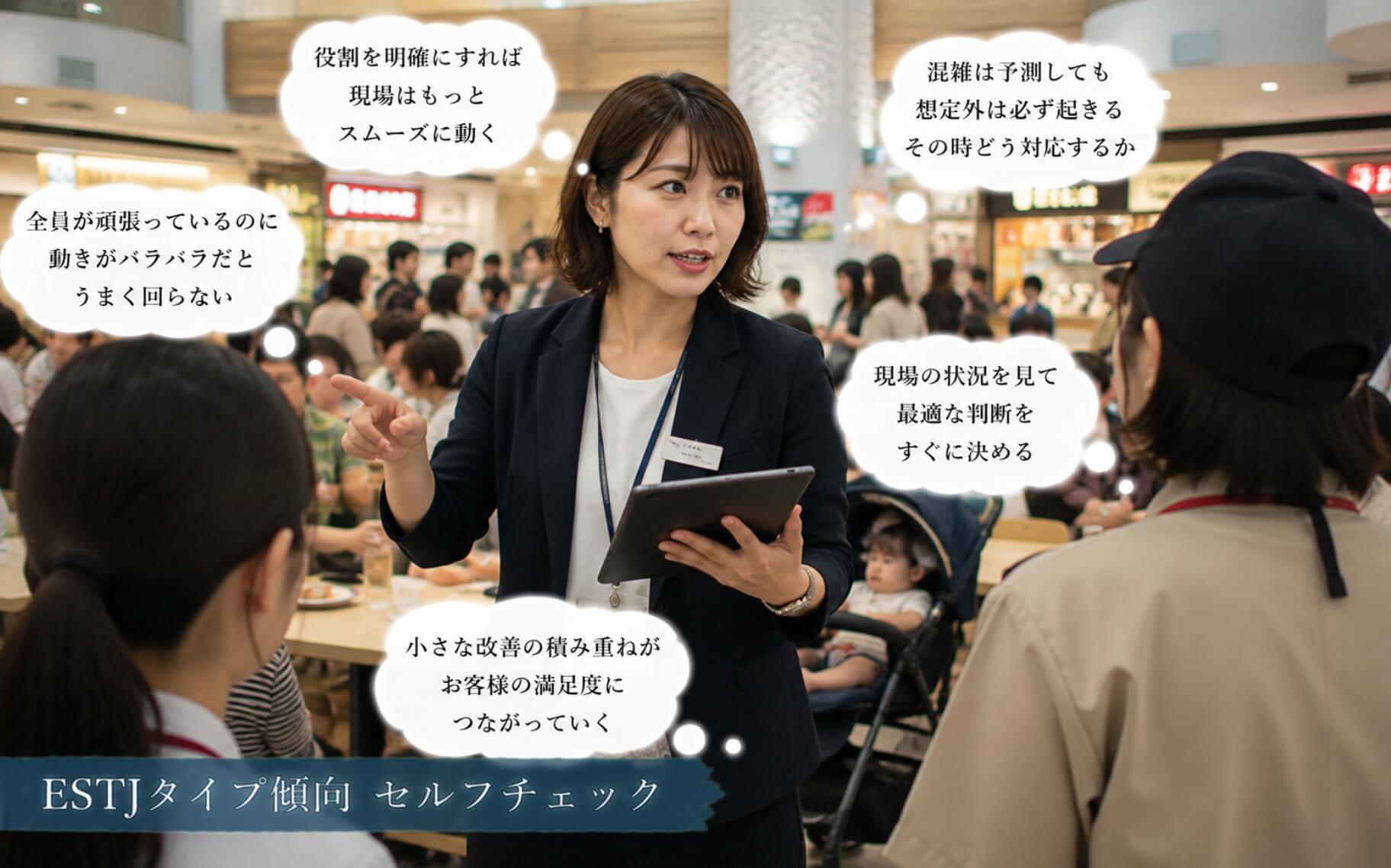混雑するフードコートでスタッフへ役割を指示する女性|ESTJタイプ傾向のセルフチェック