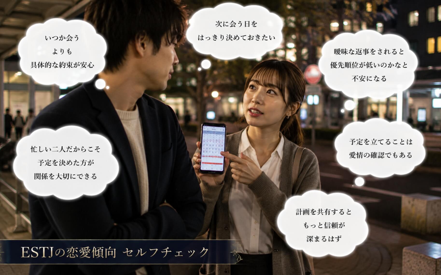 デート帰りにスマホで次に会う予定を確認する女性|ESTJの恋愛傾向のセルフチェック
