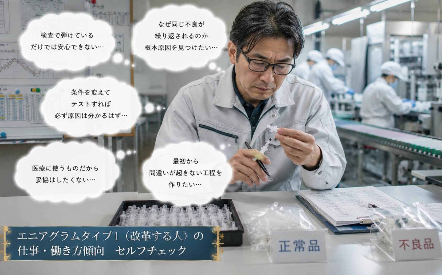 医療用品の不良原因を製造記録と照らして調べる男性|エニアグラムタイプ1(改革する人)の仕事・働き方傾向のセルフチェック