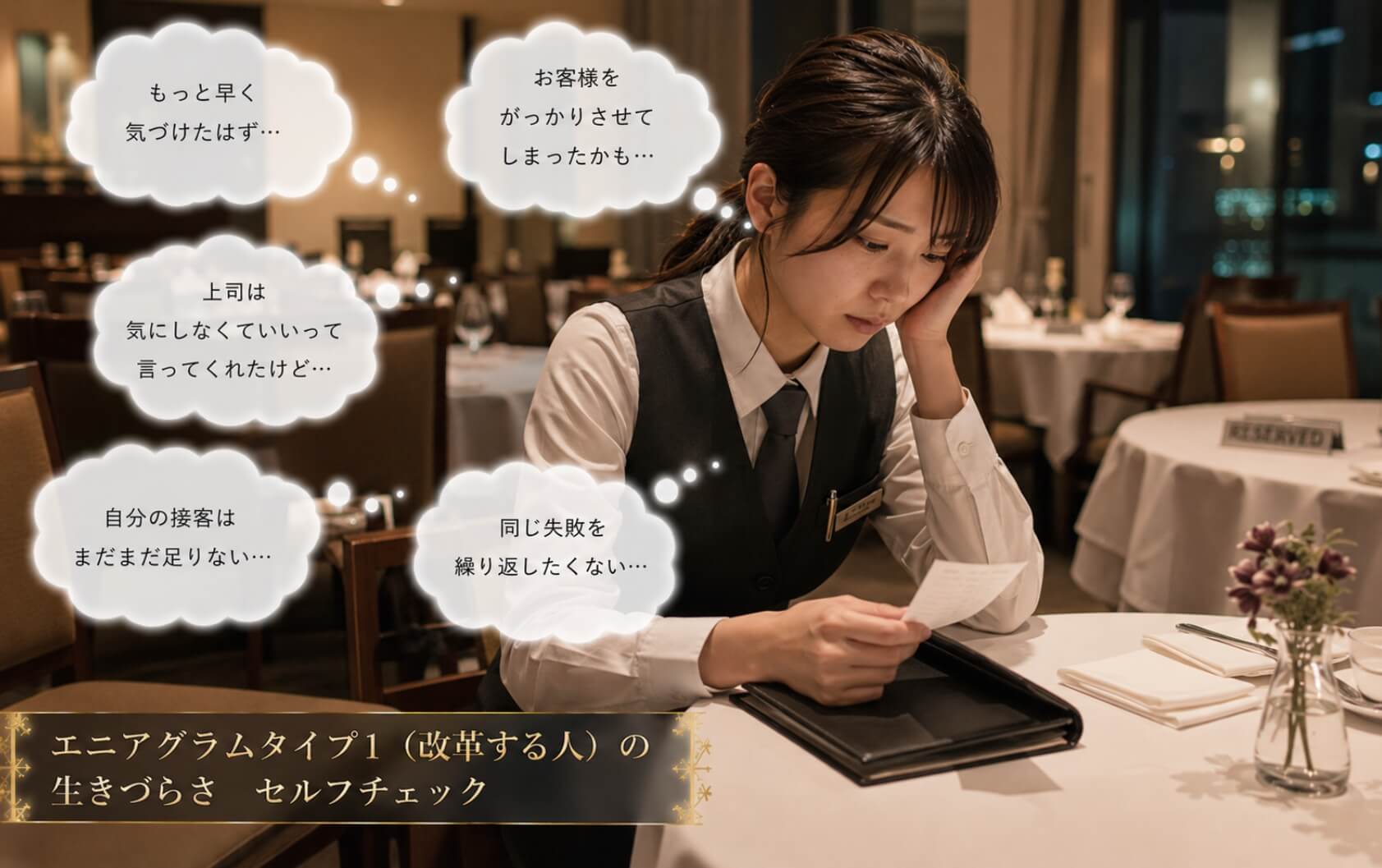 閉店後のレストランで接客の失敗を振り返る女性｜エニアグラムタイプ1（改革する人）の生きづらさのセルフチェック