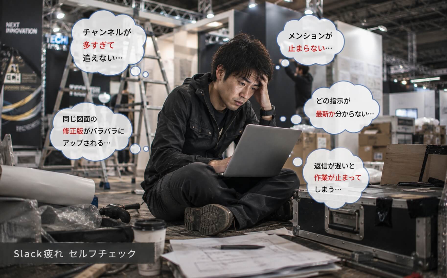 施工現場でメンション対応に追われる男性|Slack疲れのセルフチェック