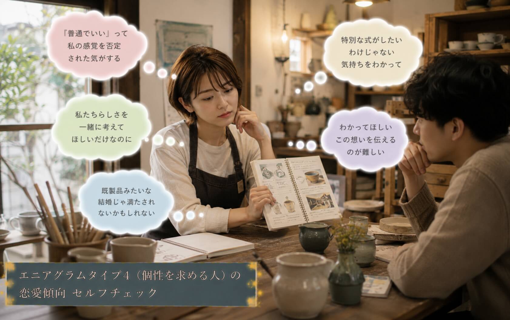 陶芸工房で恋人に結婚式のアイデアを見せる女性｜エニアグラムタイプ4（個性を求める人）の恋愛傾向のセルフチェック