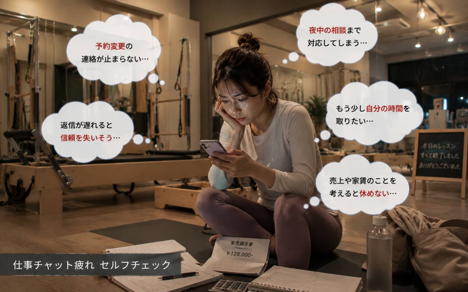 夜のピラティススタジオで通知に消耗する女性｜仕事チャット疲れのセルフチェック