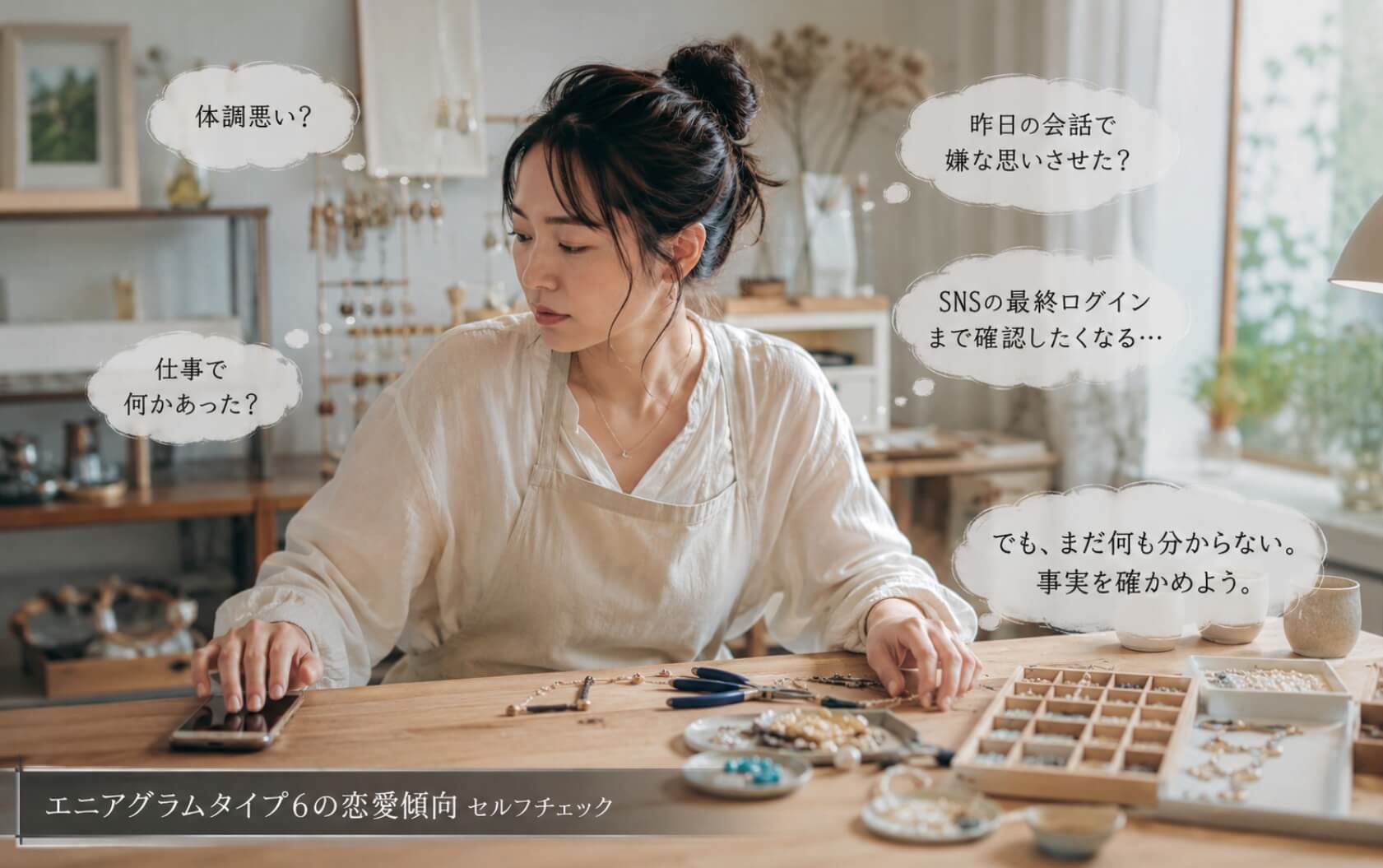 恋人からの返信を気にしながら仕事に戻る女性|エニアグラムタイプ6の恋愛傾向のセルフチェック