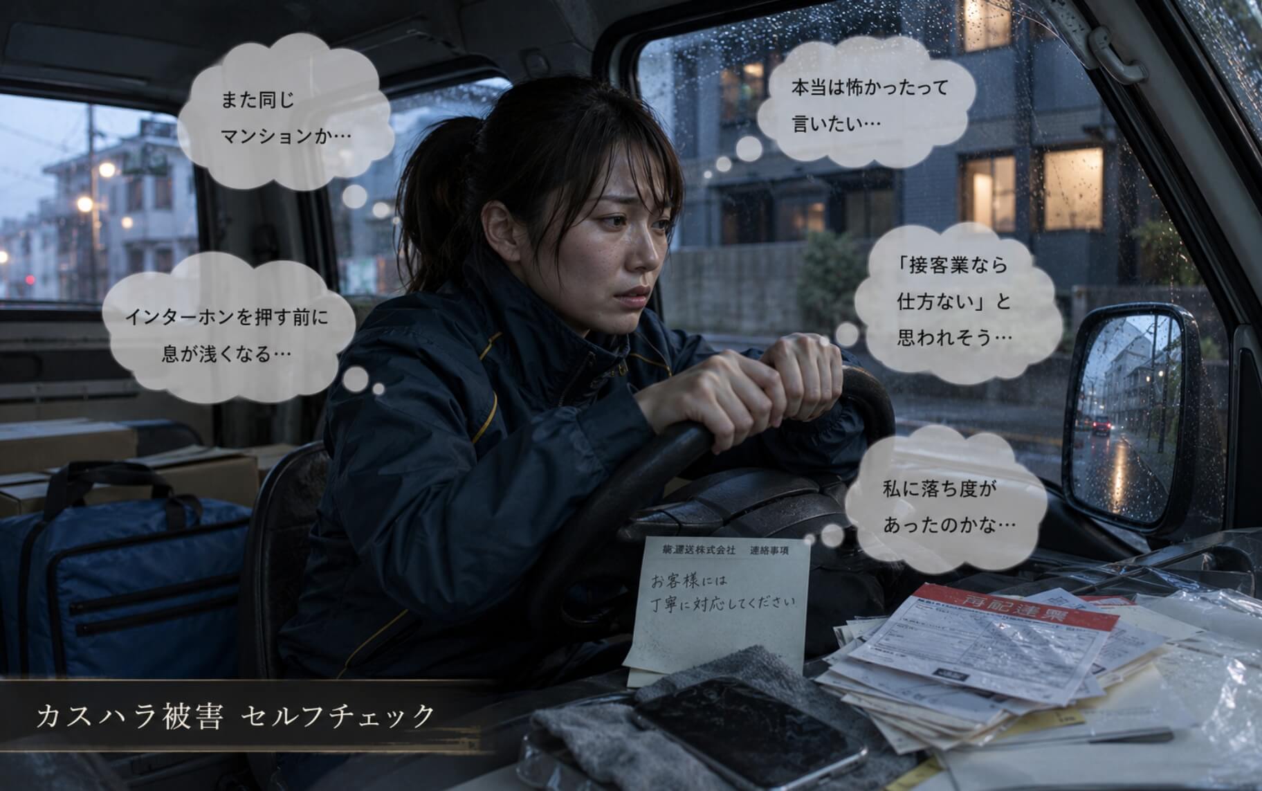 怒鳴られた記憶を抱え運転席で固まる女性|カスハラ被害のセルフチェック