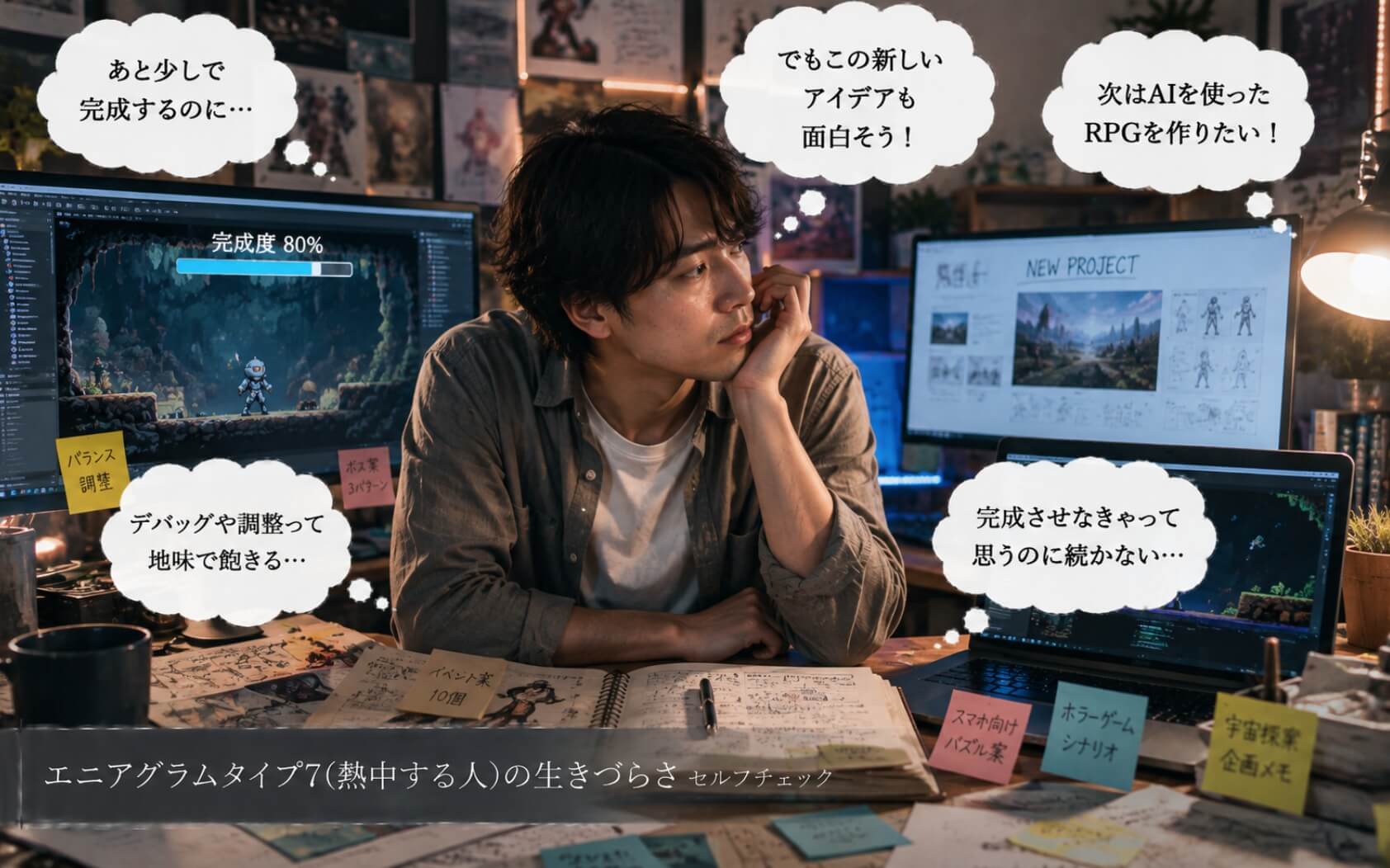 未完成のゲームと新企画の間で悩む男性｜エニアグラムタイプ7（熱中する人）の生きづらさのセルフチェック