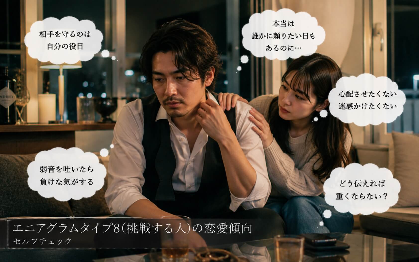 恋人の前でつらい気持ちを隠す男性|エニアグラムタイプ8(挑戦する人)の恋愛傾向のセルフチェック