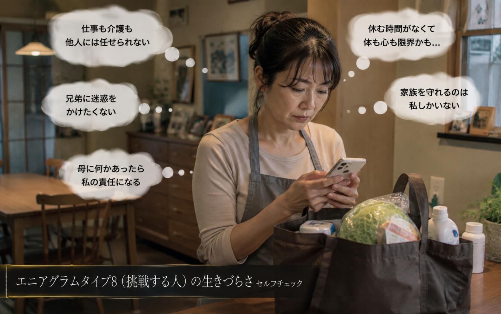 家族に頼らず母親の介護を背負う女性|エニアグラムタイプ8(挑戦する人)の生きづらさのセルフチェック