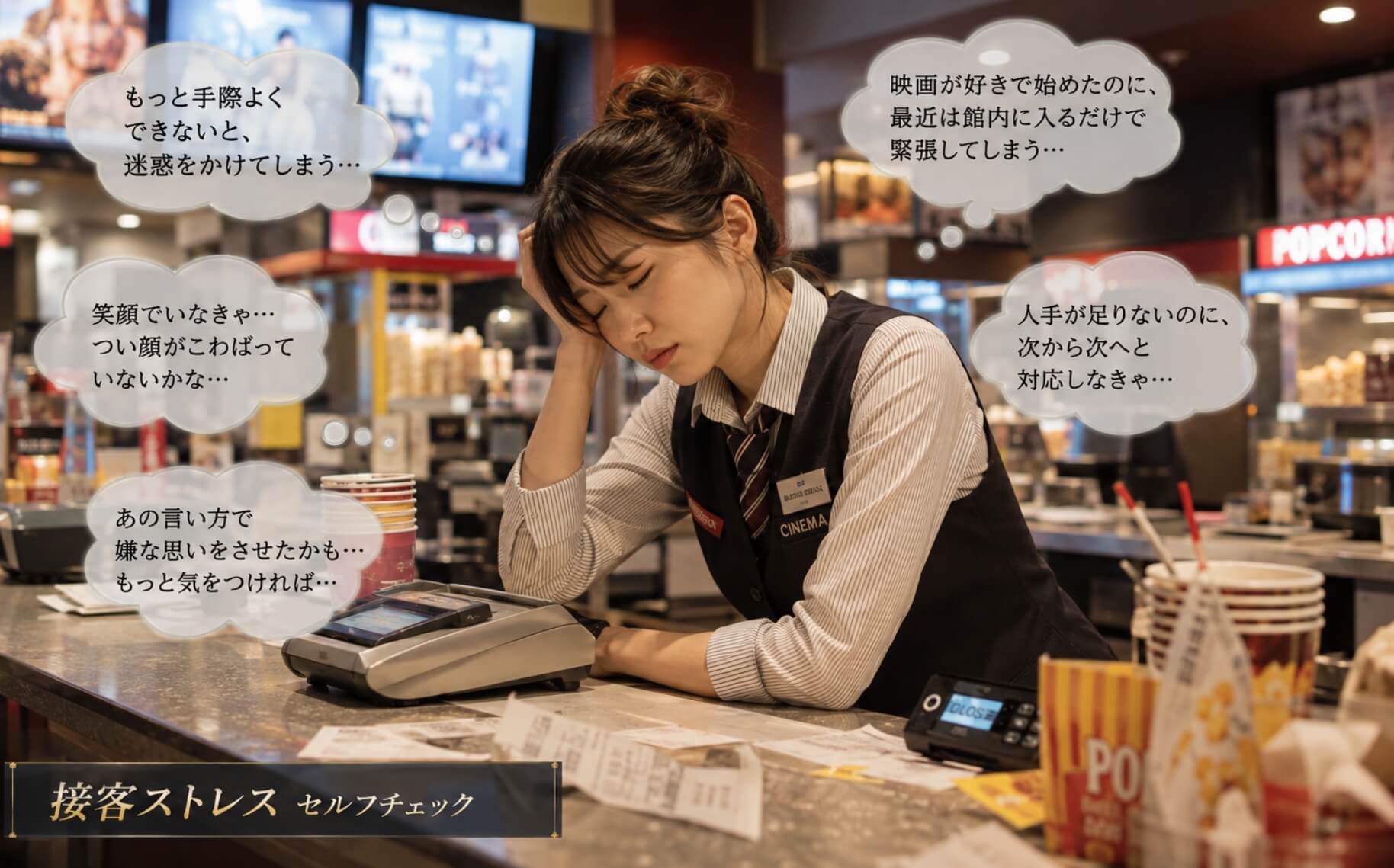 映画館の売店で接客後に深いため息をつく女性｜接客ストレスのセルフチェック
