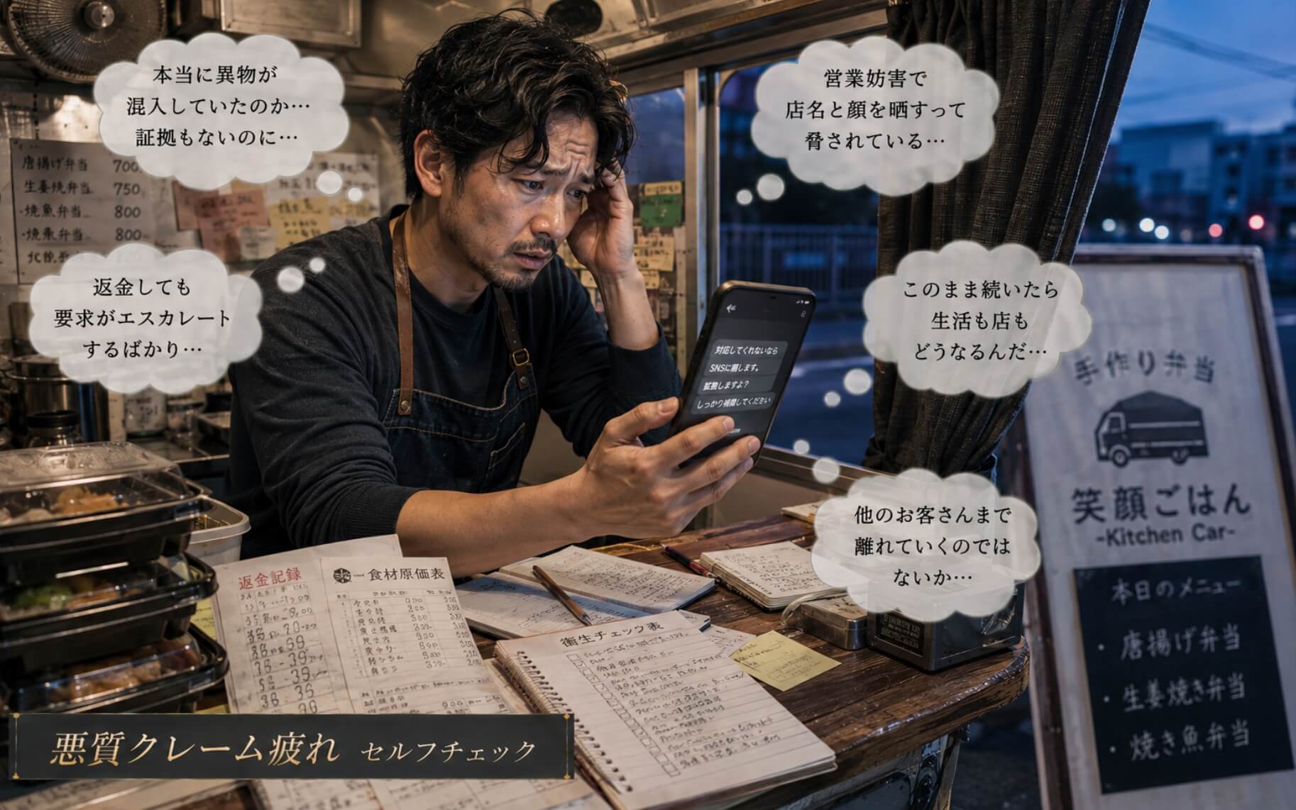 キッチンカーで長文の脅迫DMを見つめる男性｜悪質クレーム疲れのセルフチェック