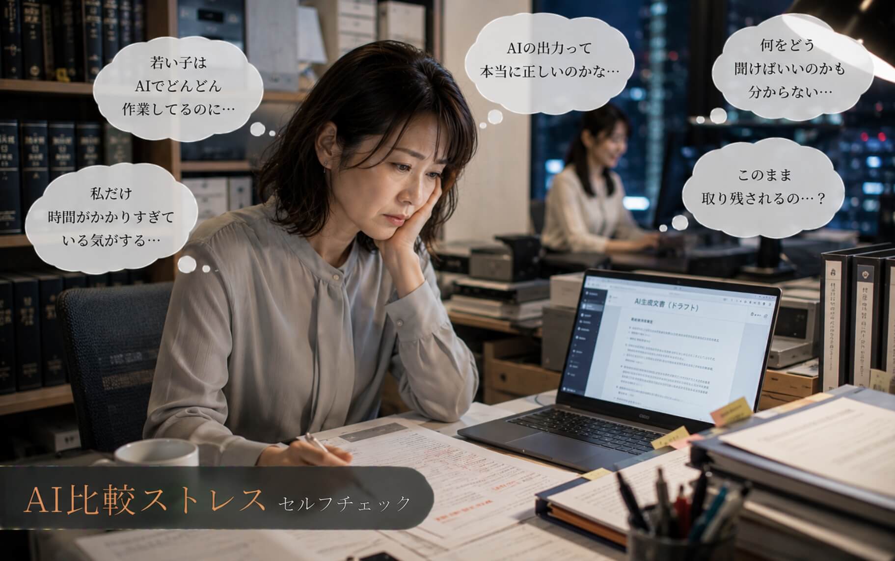 AIを使う同僚と比べ悩む事務スタッフ｜AI比較ストレスのセルフチェック