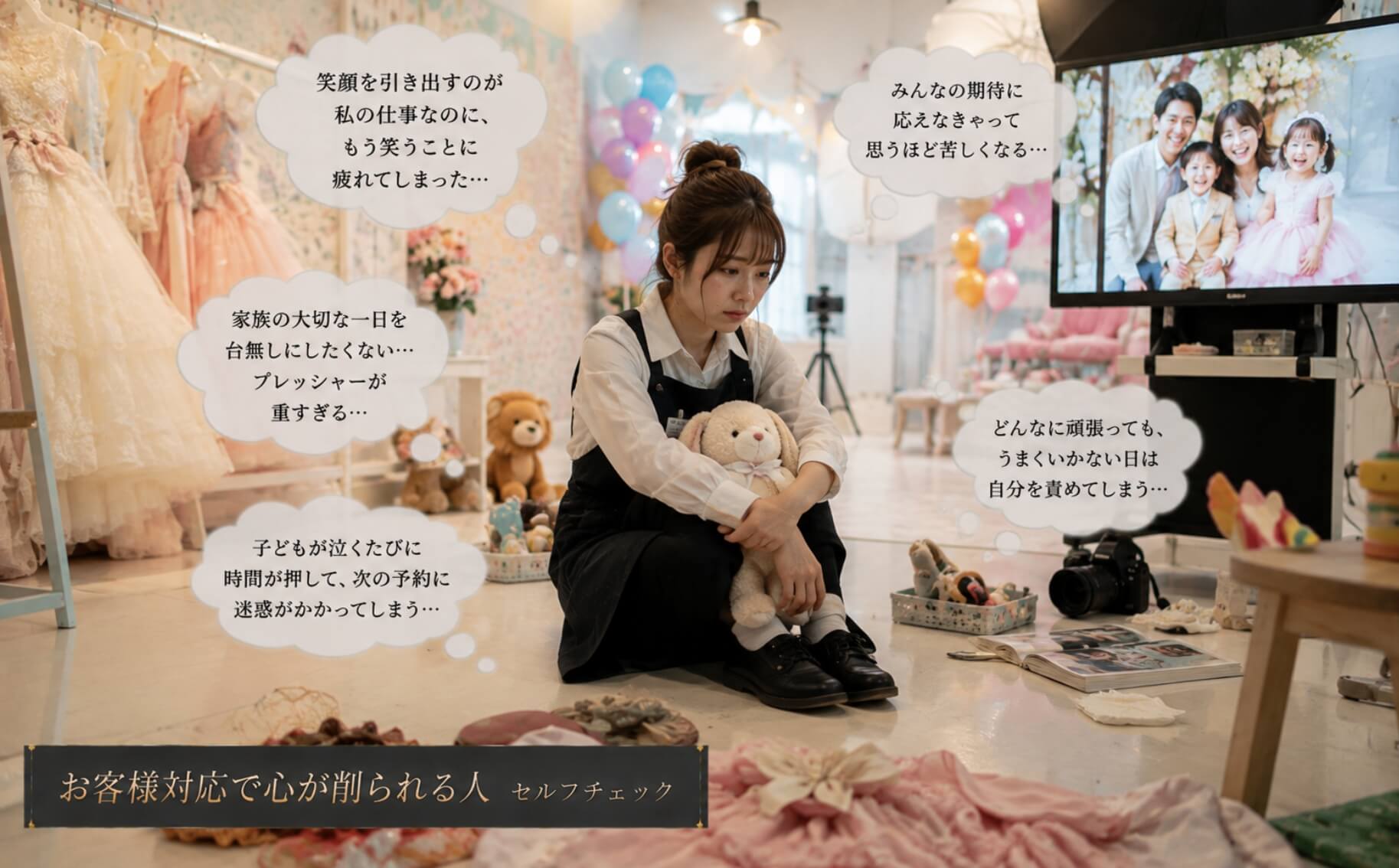 華やかな写真館で一人落ち込むスタッフ|お客様対応で心が削られる人のセルフチェック